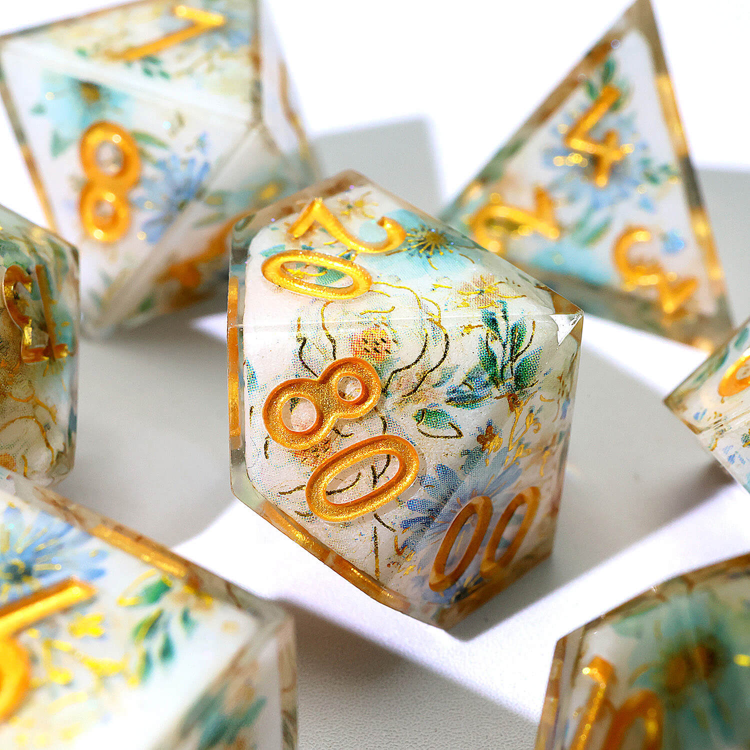 7 Piece Polyhedral Dice Set D&D Blue Flower - Image 6
