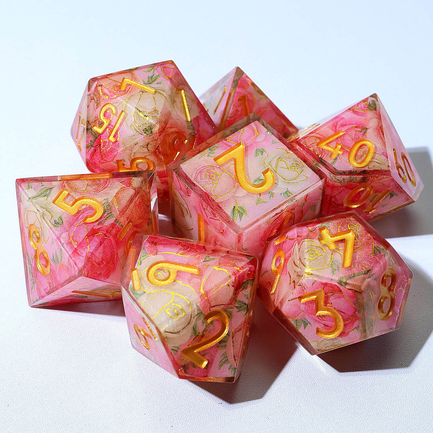 7 Piece Polyhedral Dice Set DnD Red Flower - Image 10