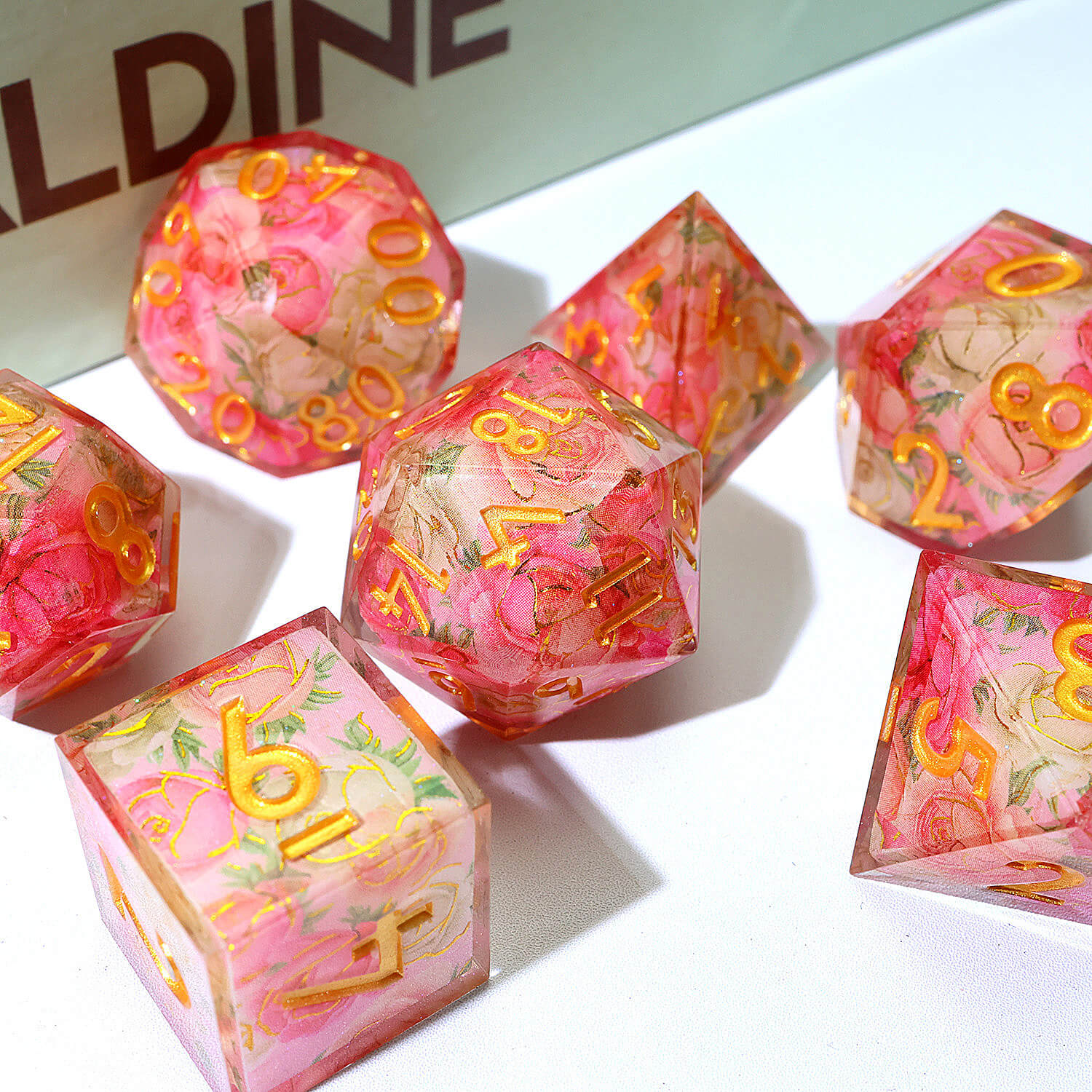 7 Piece Polyhedral Dice Set DnD Red Flower - Image 9