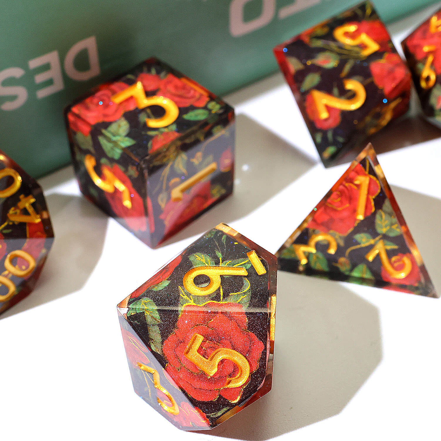 7 Piece Polyhedral Dice Sets D&D Red Flower Black - Image 10
