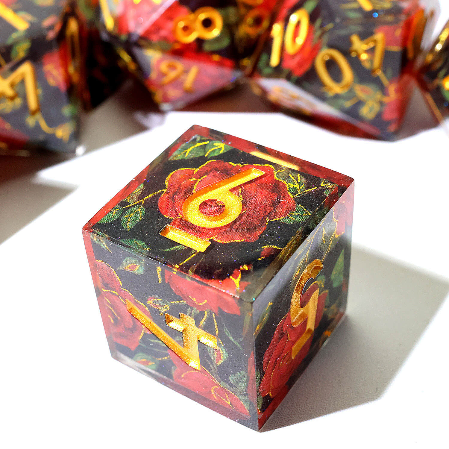 7 Piece Polyhedral Dice Sets D&D Red Flower Black - Image 3