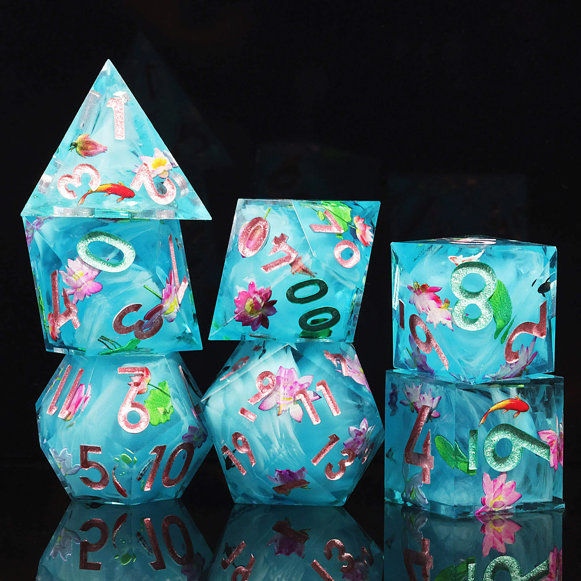 7 Piece Polyhedral Dice Sets DD Lotus and Fish - Image 9