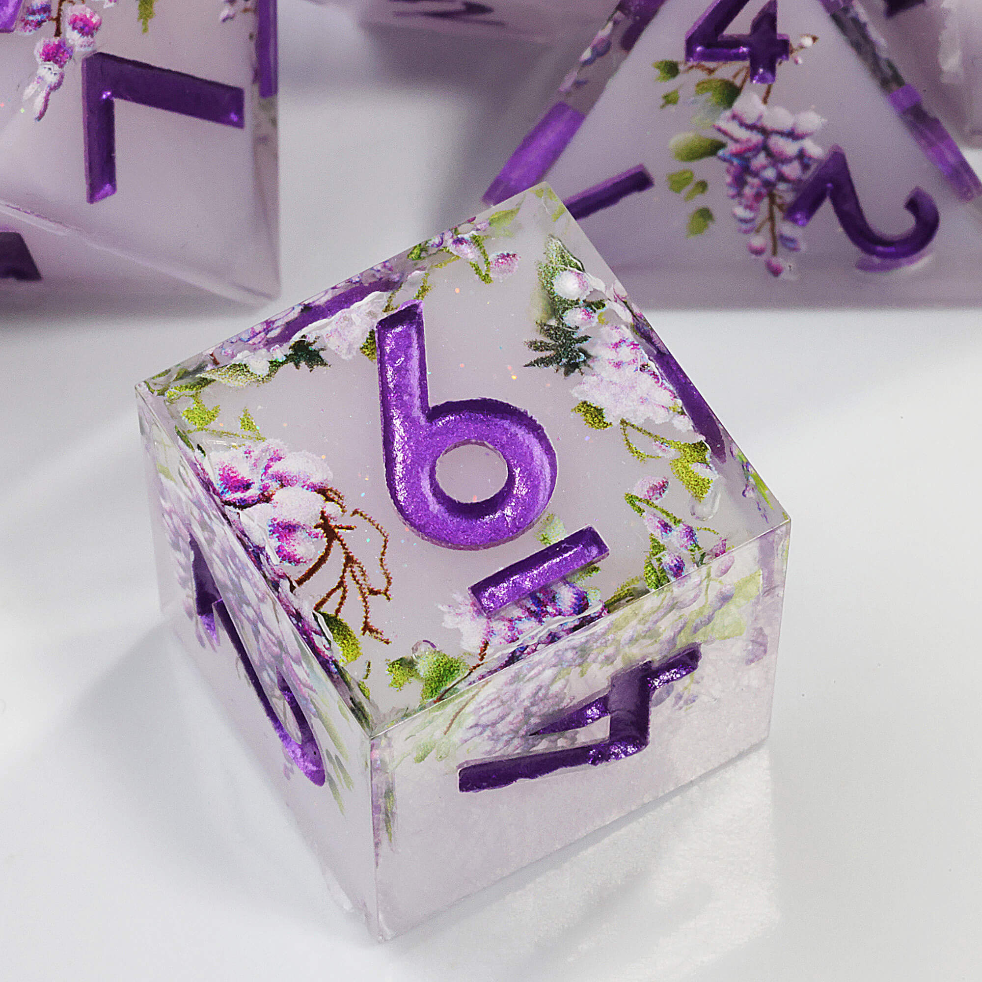 7 Piece Polyhedral DnD Dice Sets Purple Flower - Image 3