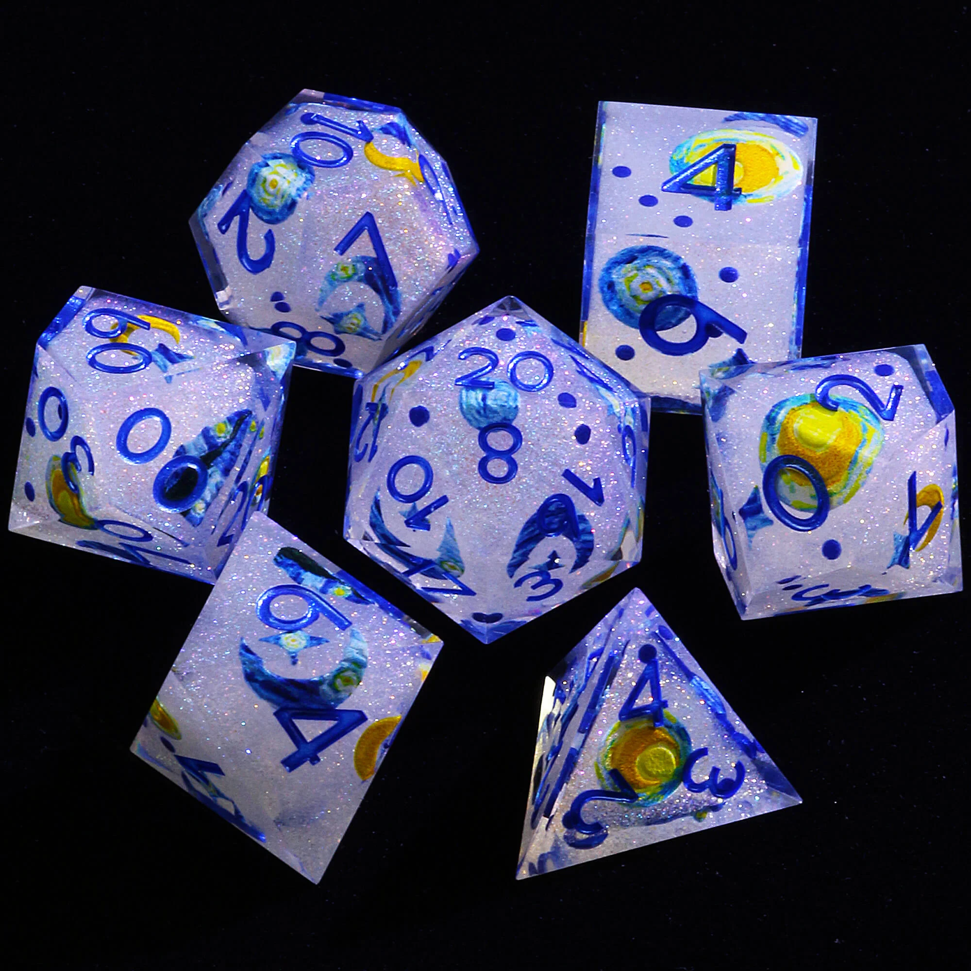 7 Piece Resin Polyhedral D and D Dice Set Shiny the Starry Night-van Gogh - Image 2