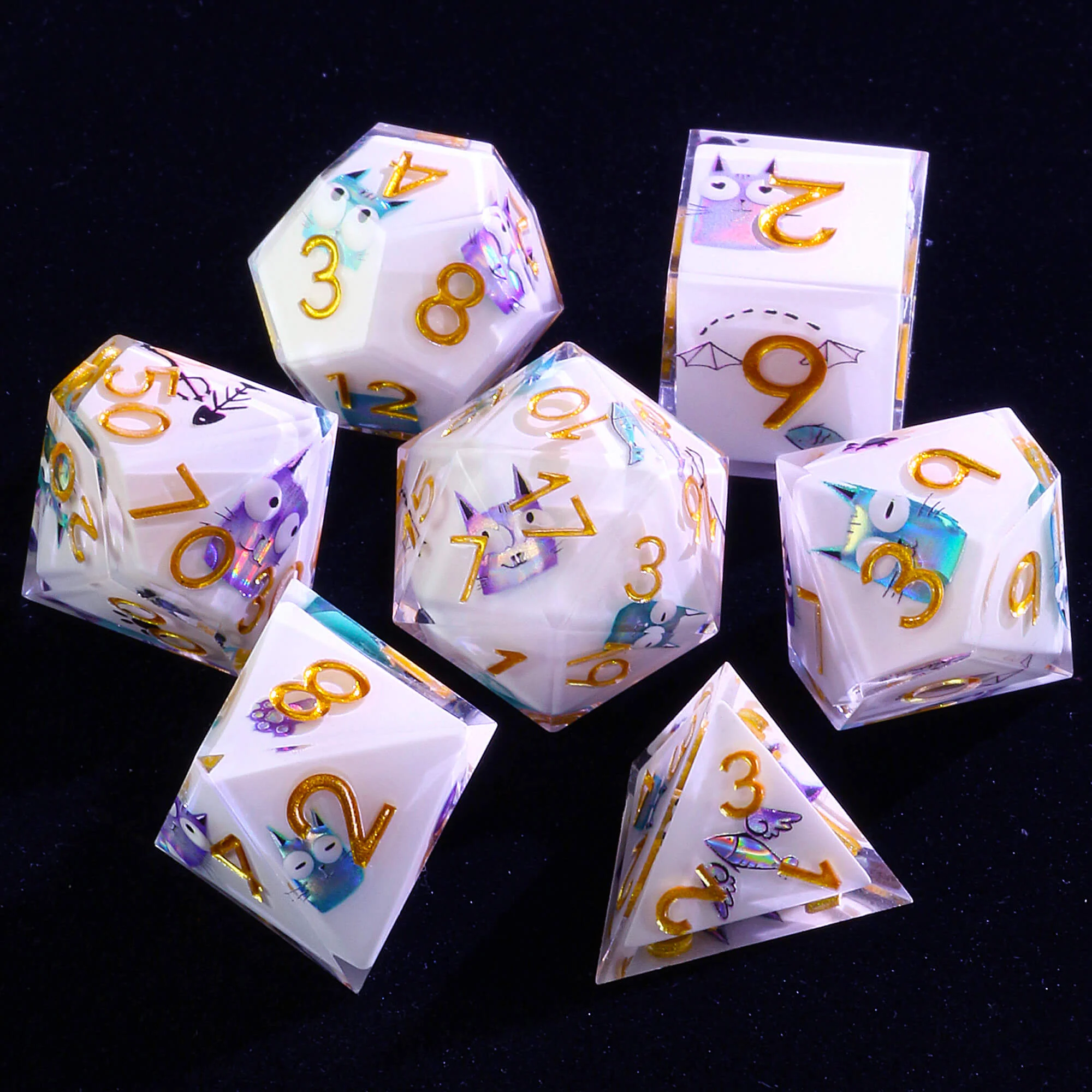 7 Piece Resin Polyhedral D and D Dice Sets Smiley Cat White - Image 2
