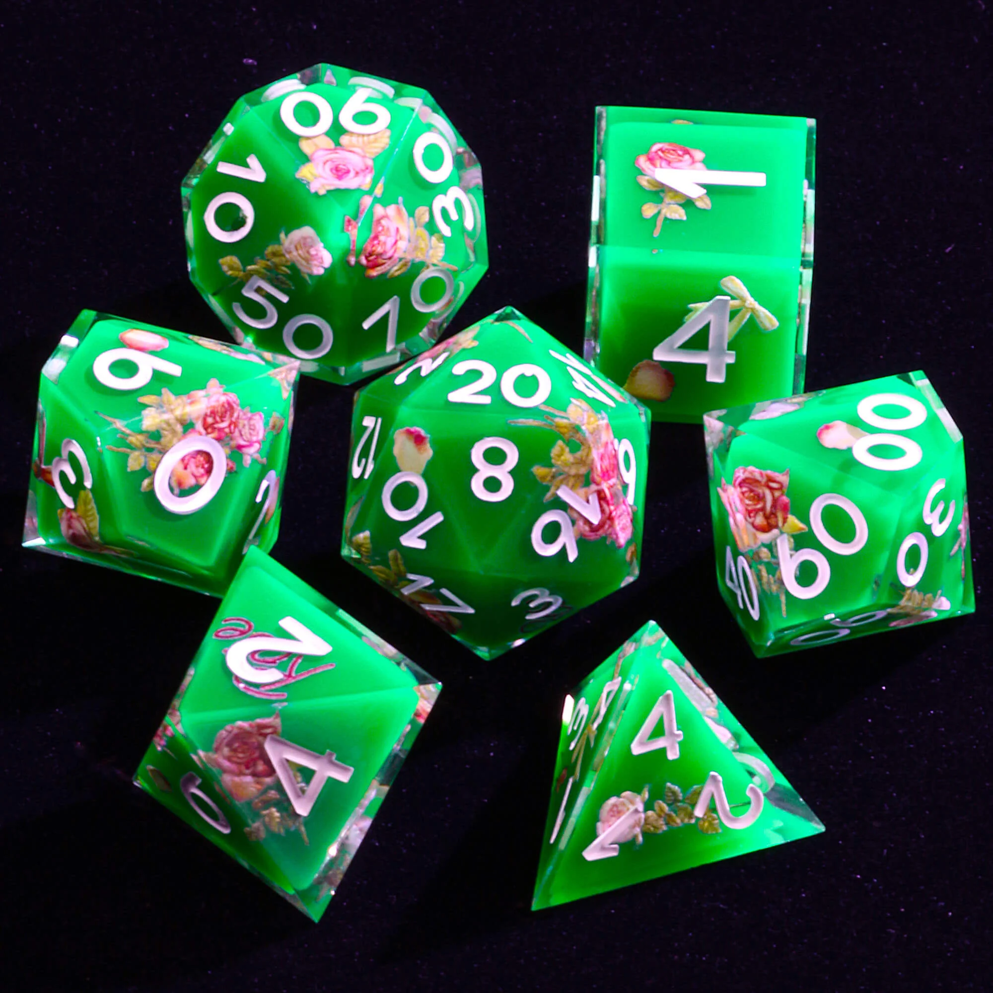 7 Piece Resin Polyhedral Dice Sets D&D Flower Green - Image 2