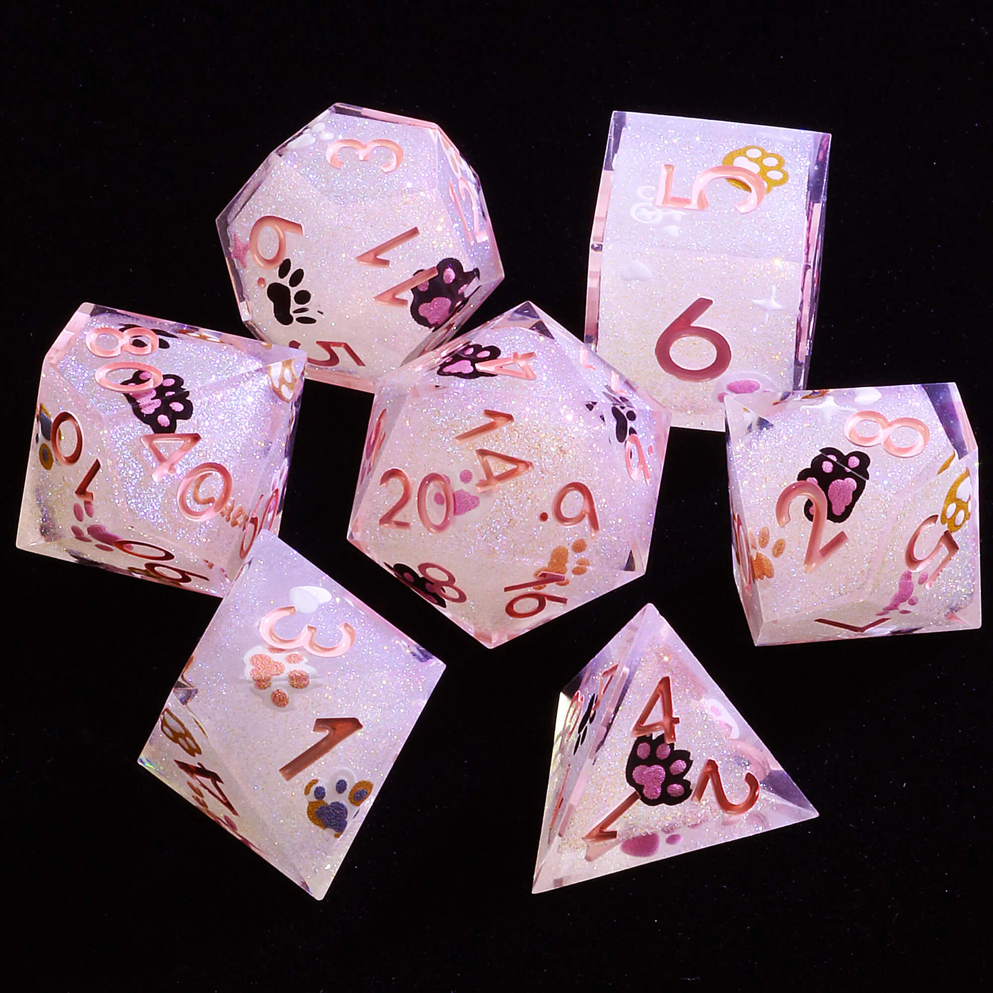 7 Piece Resin Polyhedral DnD Dice Sets Pink Cat Paw - Image 2