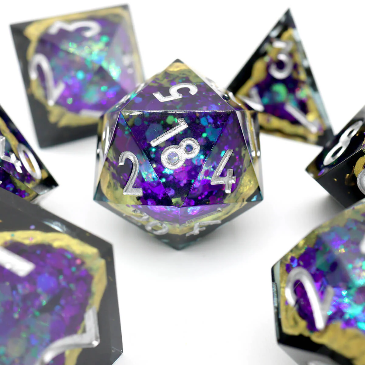 7-Piece Sharp Edge Blue Purple Geode Dice Set for DND - Image 7