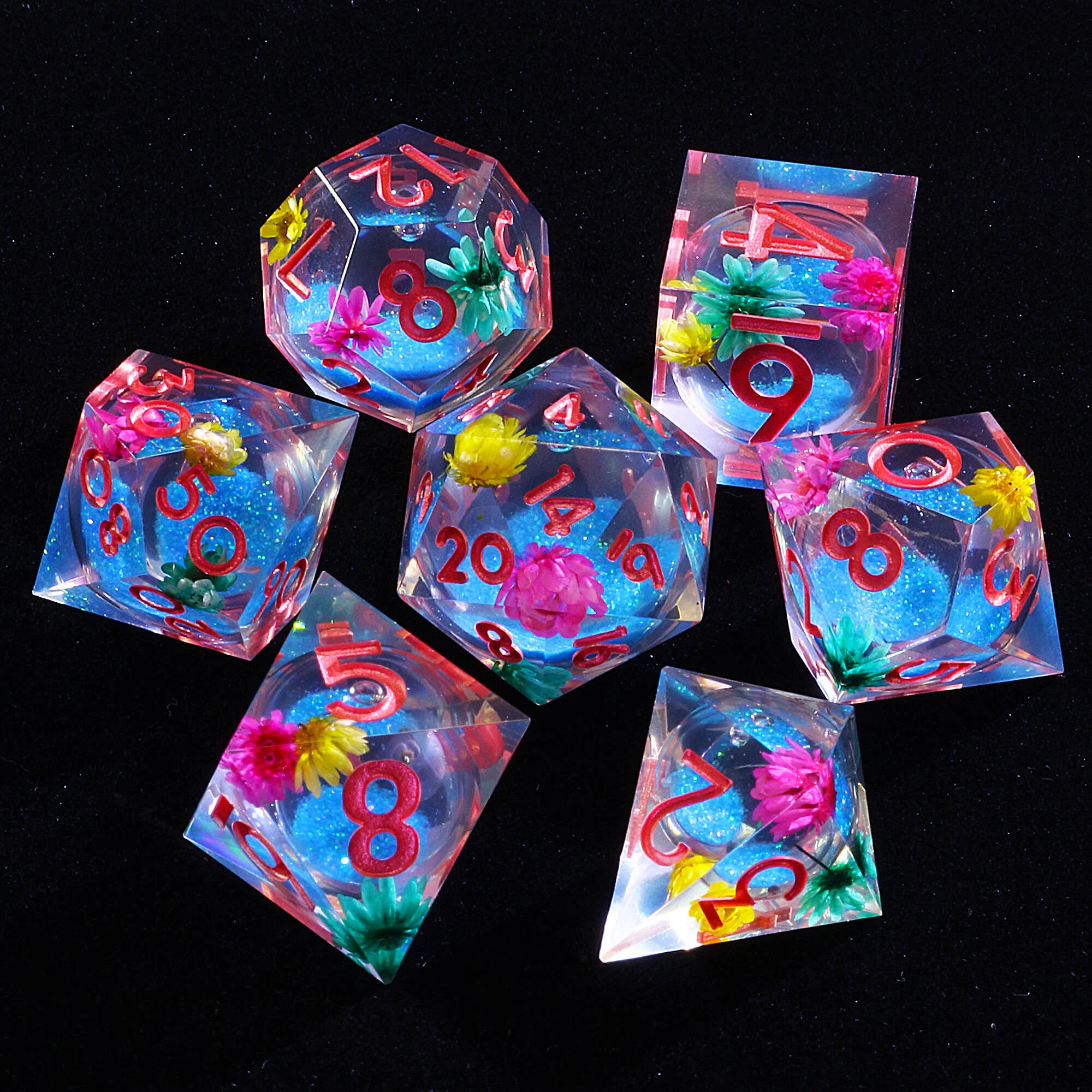 7 Polyhedral Resin Blue Liquid Core D&D Dice Set Flower - Image 2
