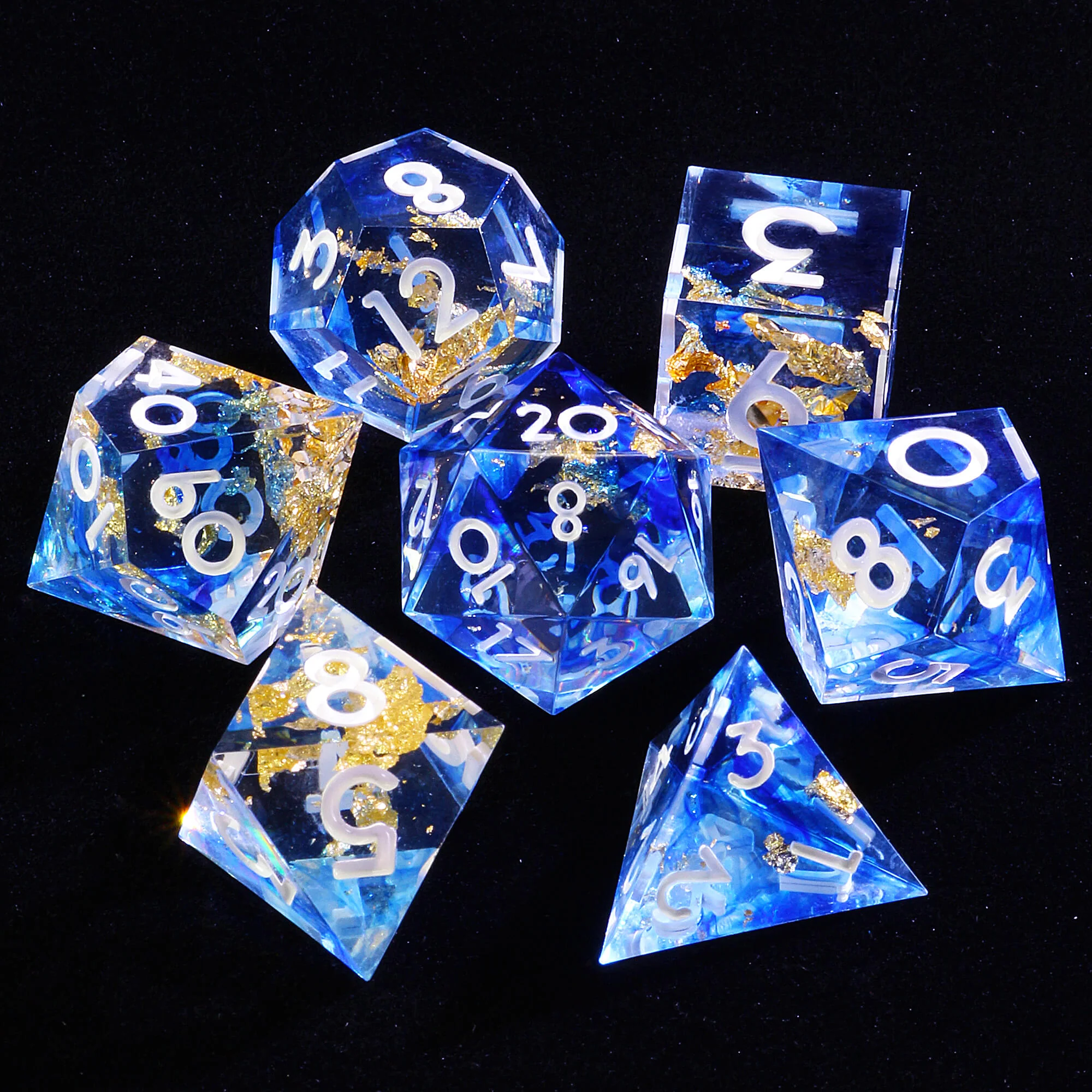 7 Polyhedral Resin Dice Sets DnD Gold Paper Blue - Image 2