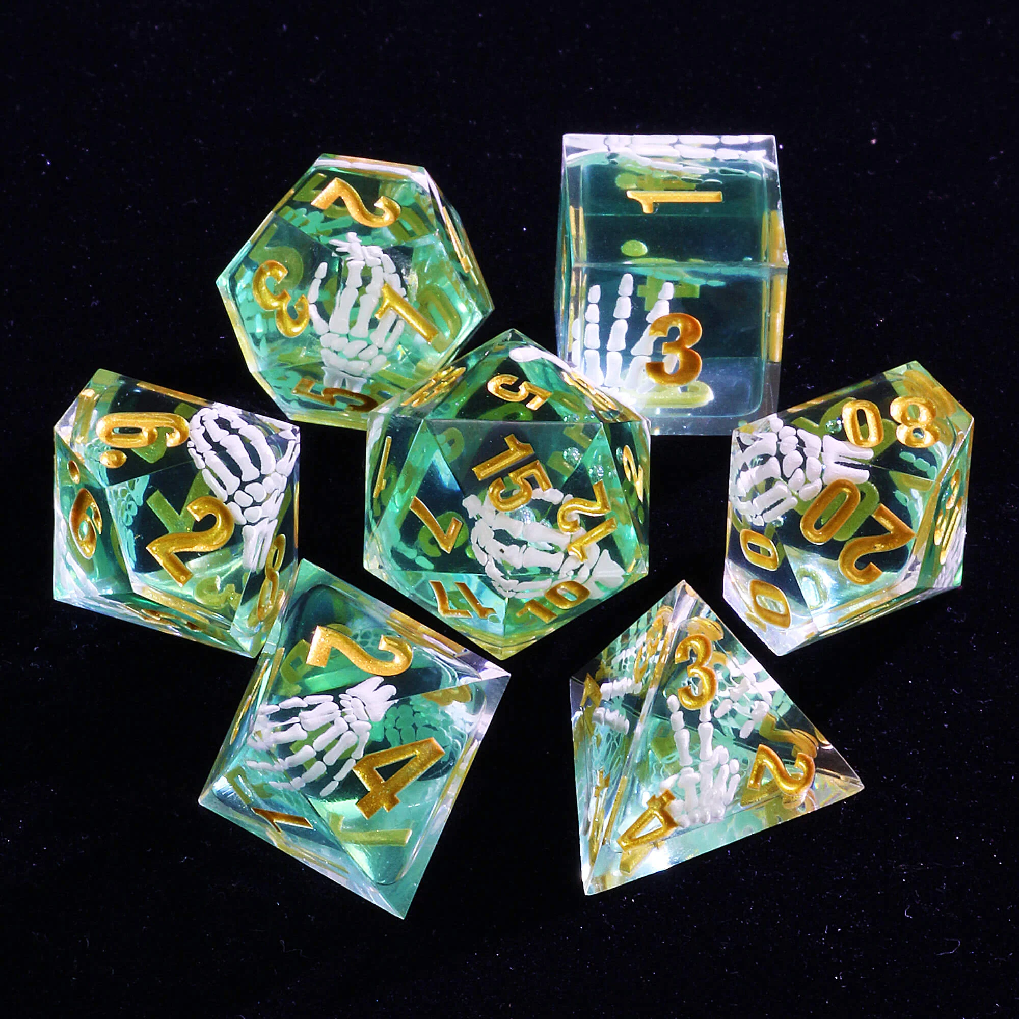 7 Polyhedral Resin Full DnD Dice Set Skeleton Palm - Image 2