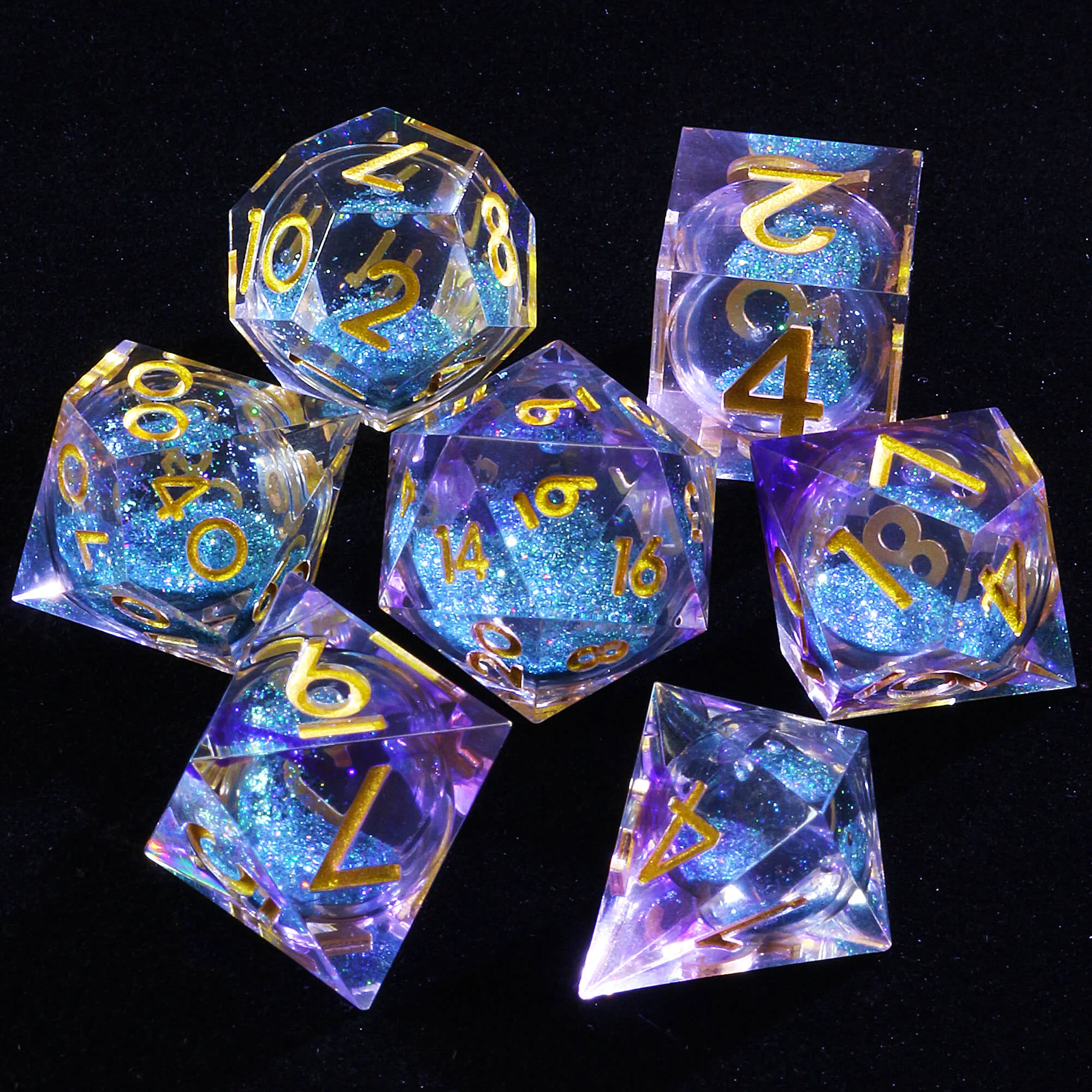 7 Polyhedral Resin Glitter Liquid Core D and D Set Dice Purple - Image 2