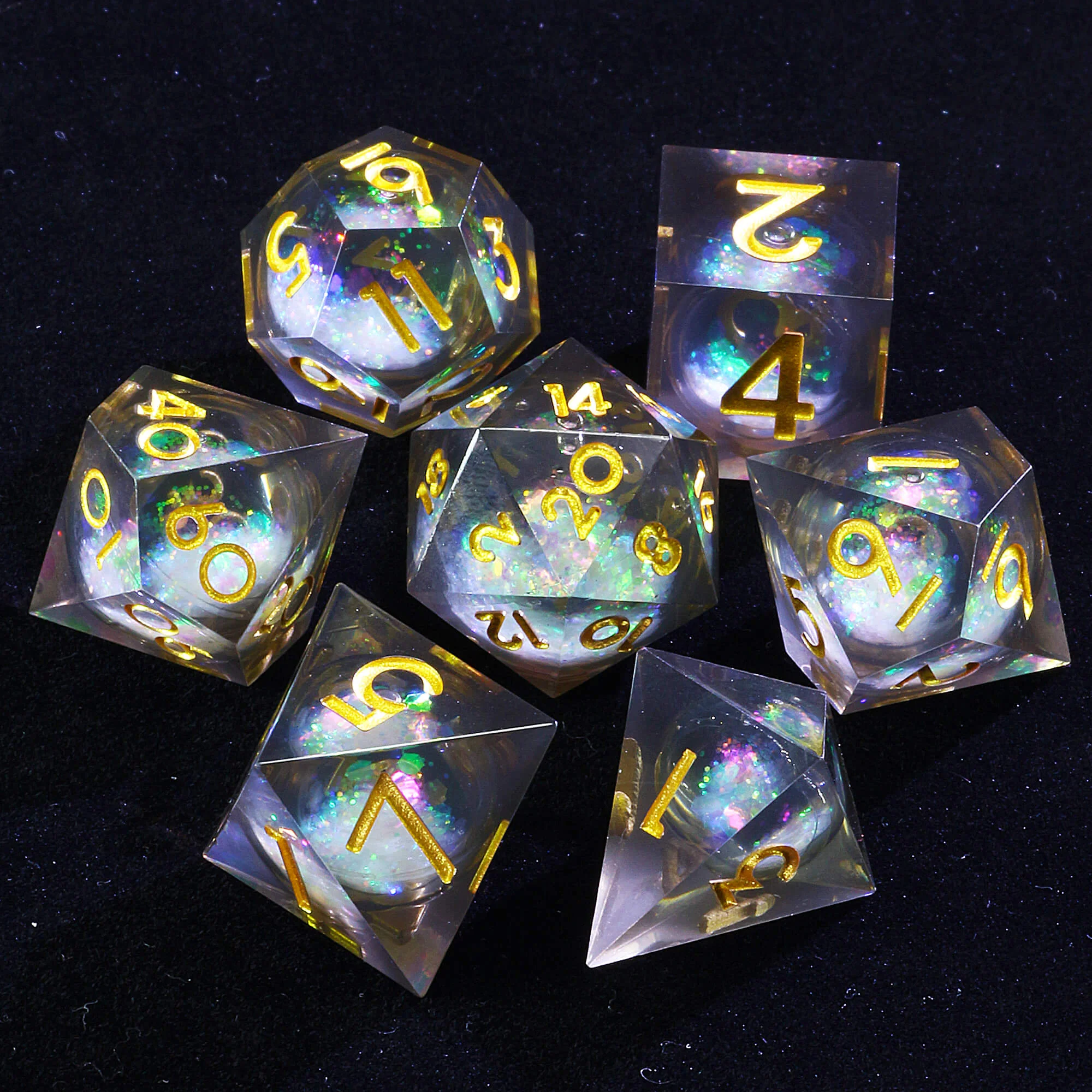 7 Polyhedral Resin Glitter Liquid Core DnD Set Dice Brown - Image 2