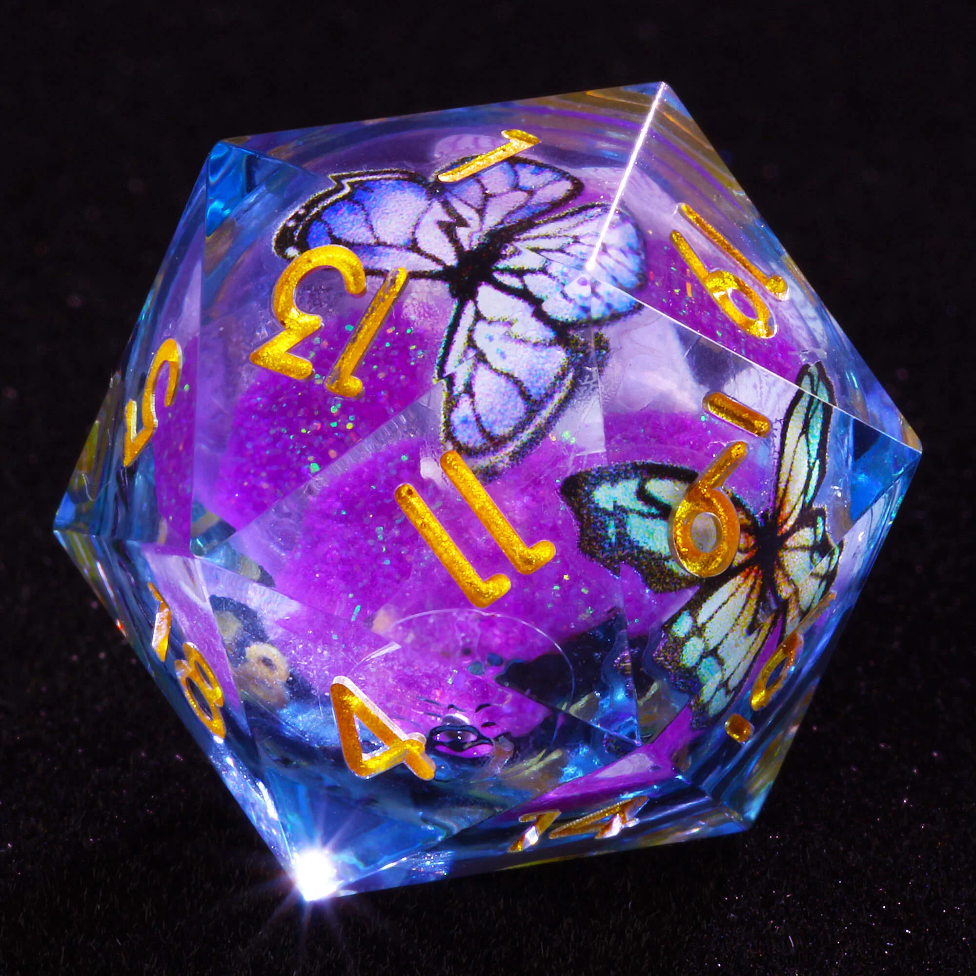 7 Polyhedral Resin Liquid Core D and D Set of Dice Butterfly