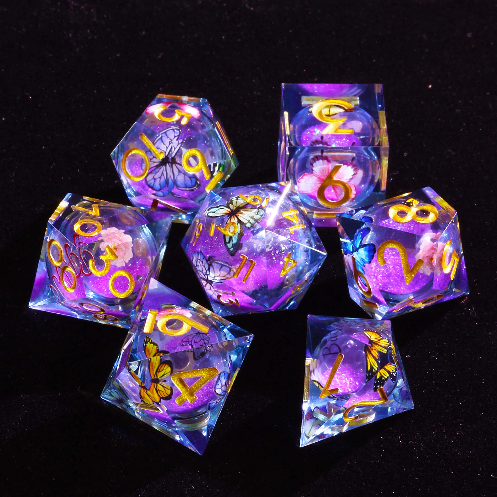 7 Polyhedral Resin Liquid Core D and D Set of Dice Butterfly - Image 2
