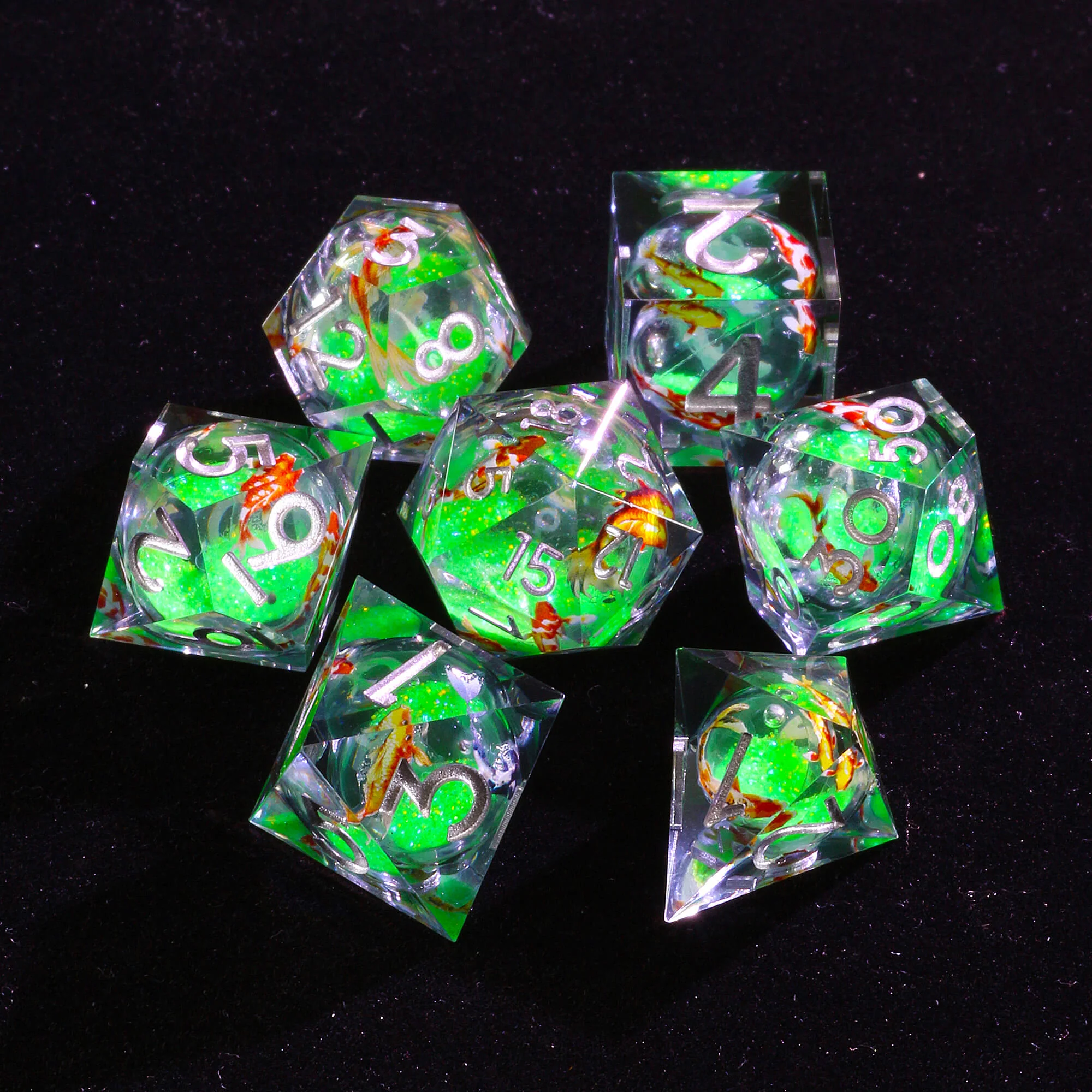 7 Polyhedral Resin Liquid Core Set of Dice DD Fish - Image 2