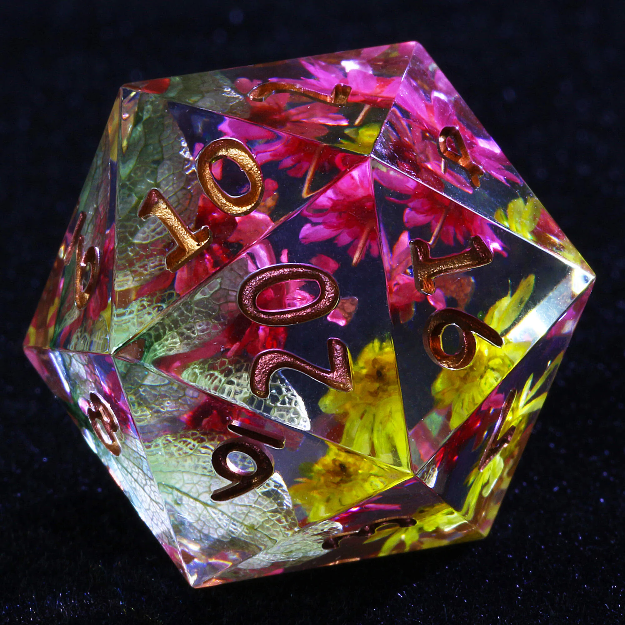 7 Polyhedral Resin Set of Dice D&D Pink Yellow Flower