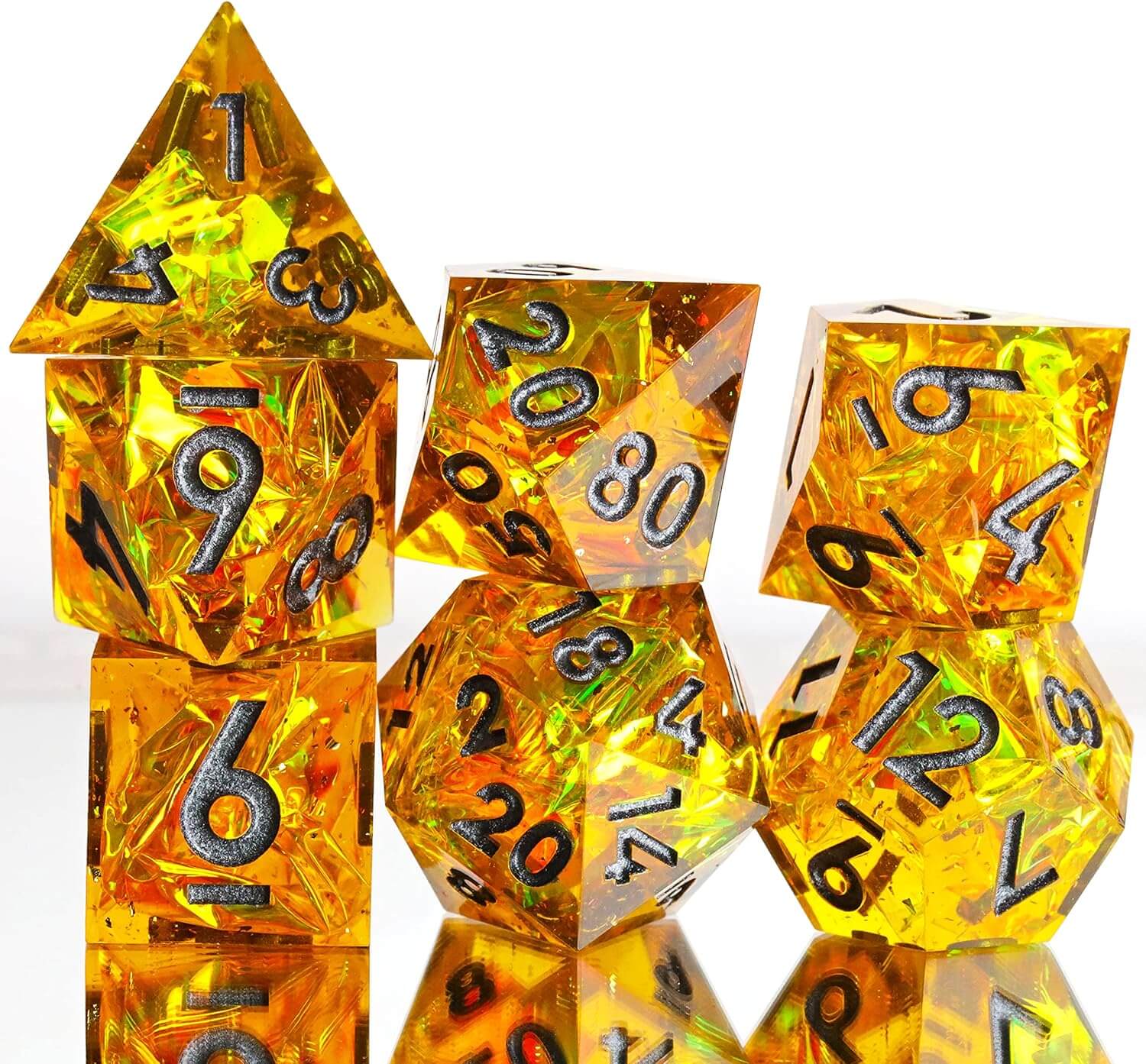 7 Resin Sharp Edged Polyhedral D&D Awesome Dice Set - Gold Guardians - Image 4