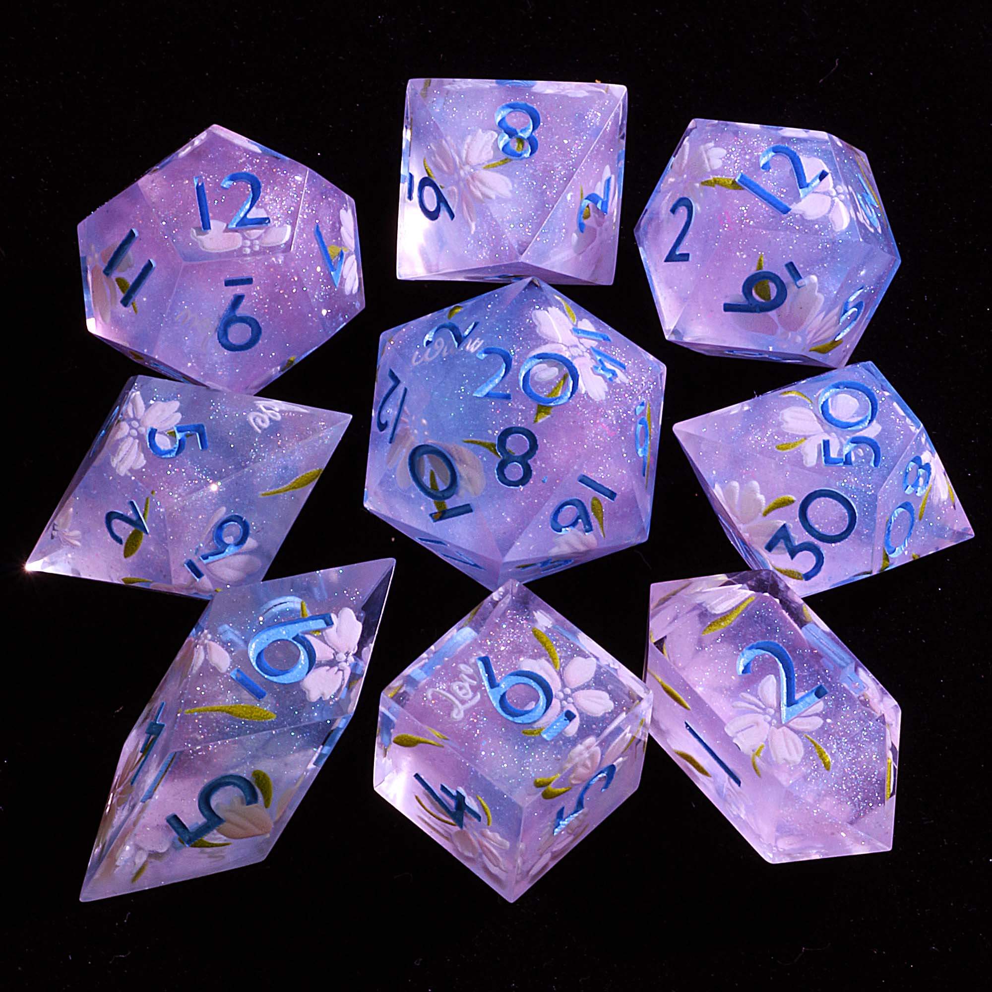 9 Polyhedral D and D set of Dice Spring Whisper Blossom