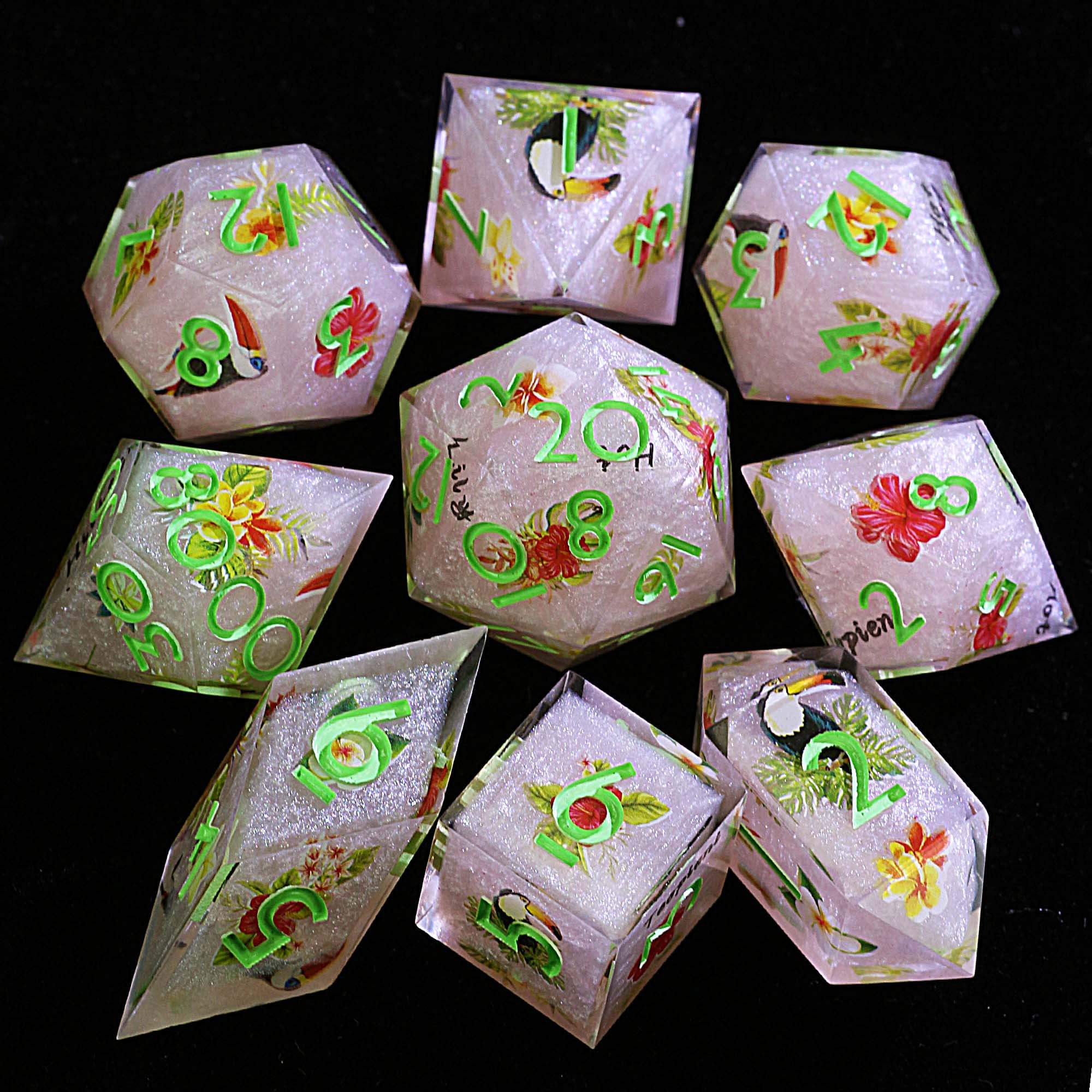 9 Polyhedral Resin Dice D&D Sets Pink Sparkly Toucan & Flower