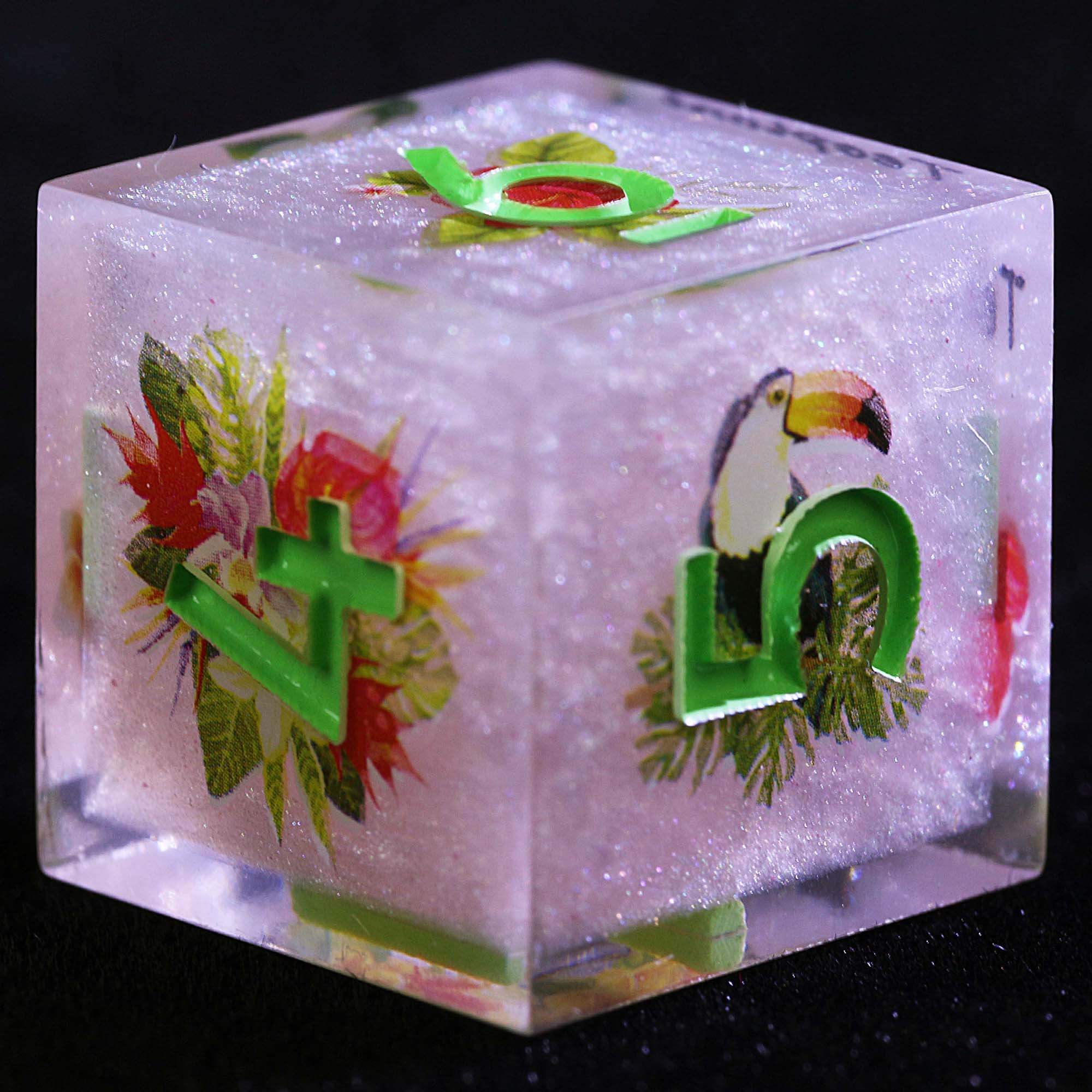 9 Polyhedral Resin Dice D&D Sets Pink Sparkly Toucan & Flower - Image 3