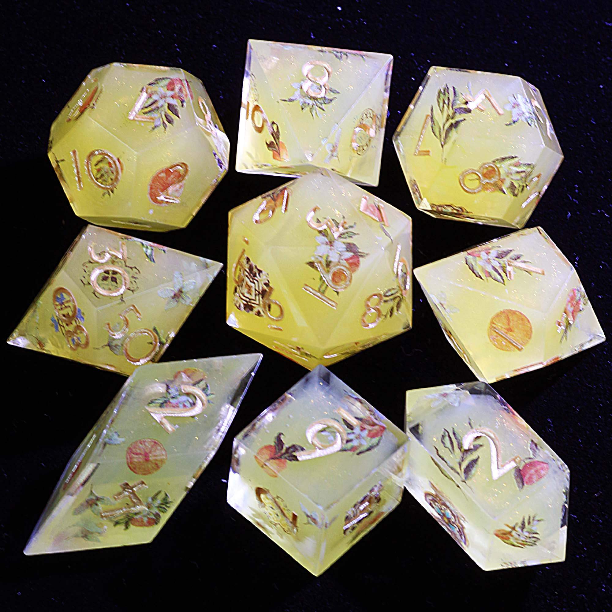 9 Polyhedral Resin Dice Set D and D Sunlit Citrus Grove