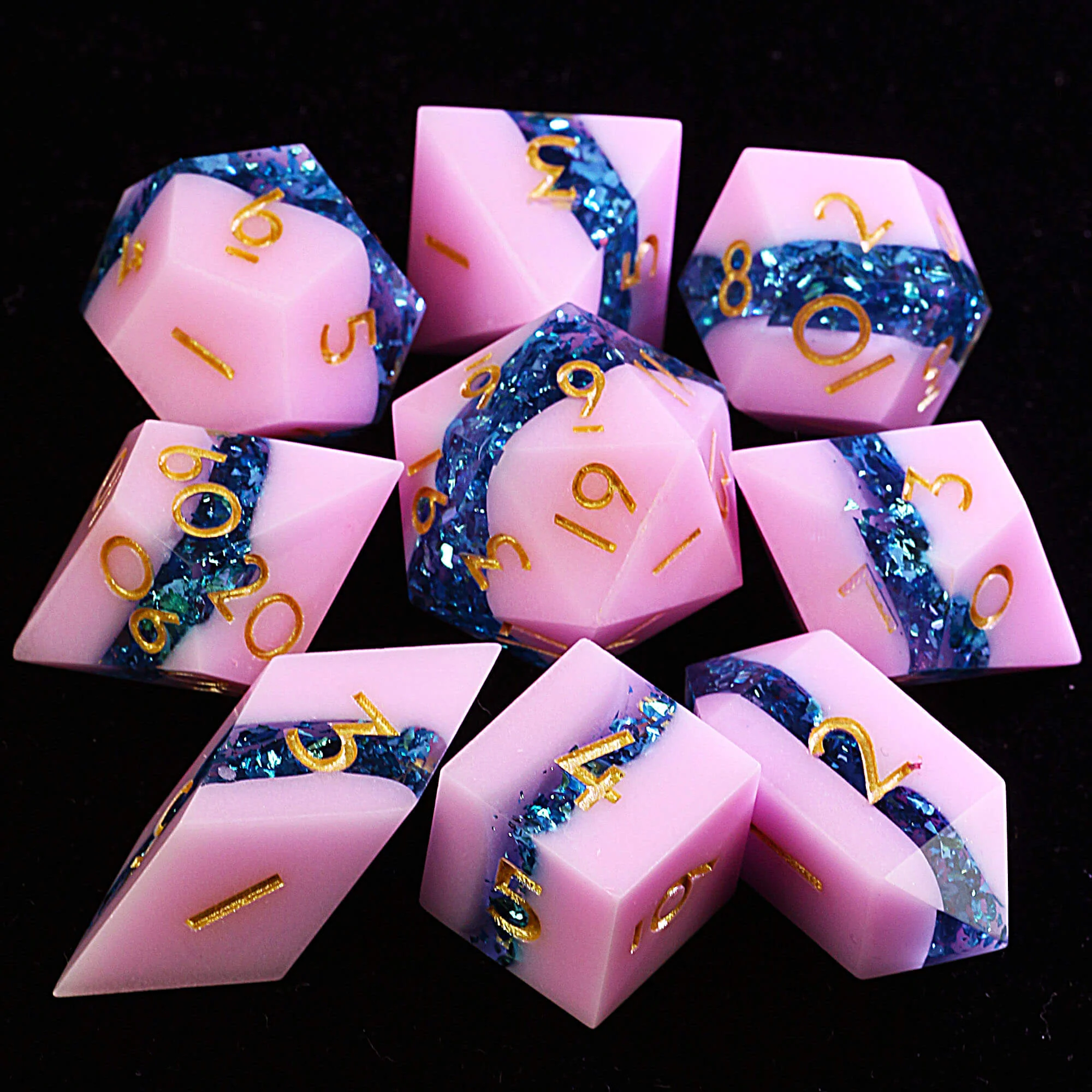 9 Polyhedral Resin DnD Set of Dice Sweetheart Sea Foil