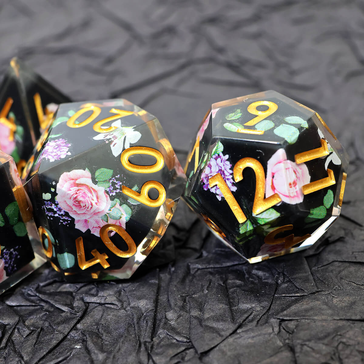 Black Flower 7-Piece Sharp Edge Layered DND Dice Set - Image 7