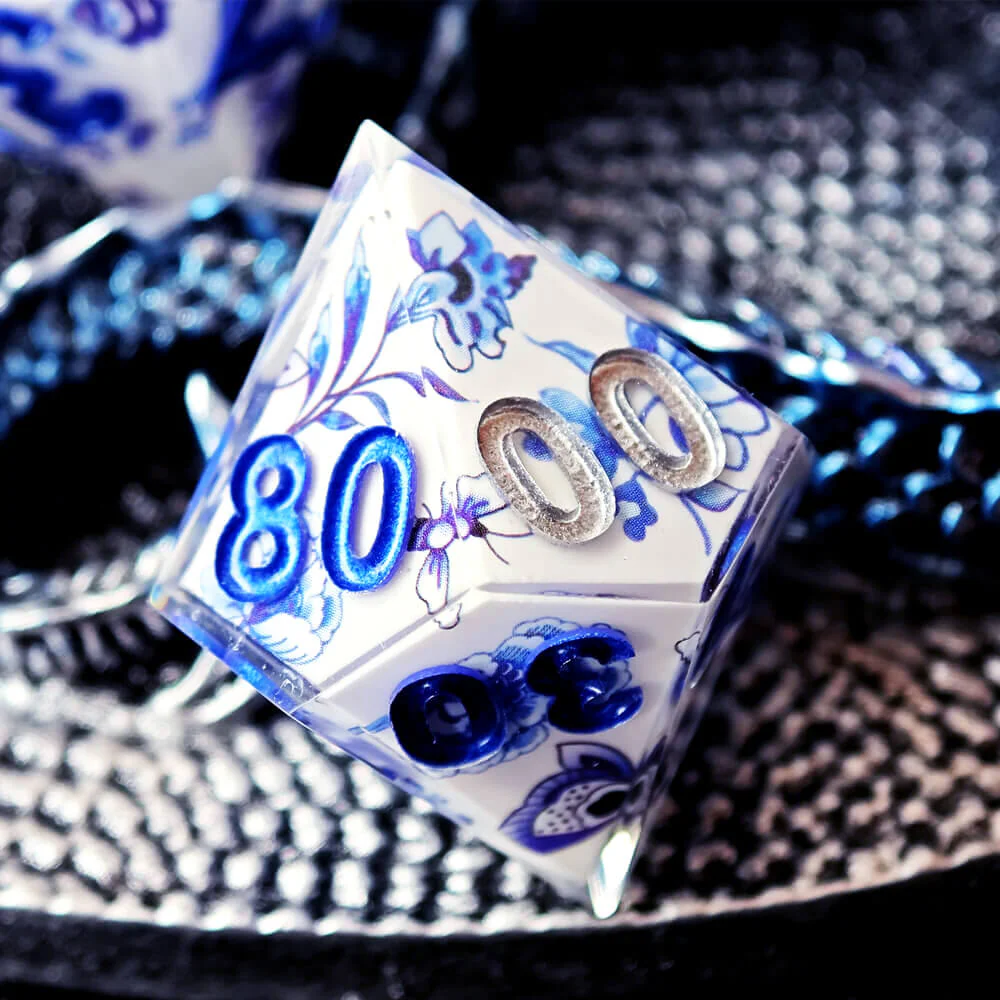 Blue and White Porcelain Sharp Edge Resin Polyhedral 7-Piece D&D Dice Set - Image 10