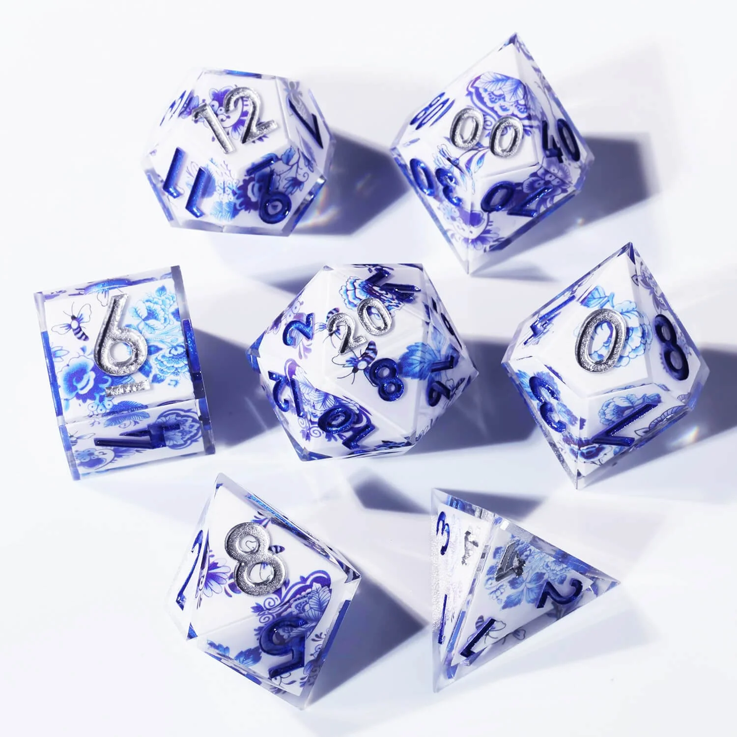 Blue and White Porcelain Sharp Edge Resin Polyhedral 7-Piece D&D Dice Set - Image 12