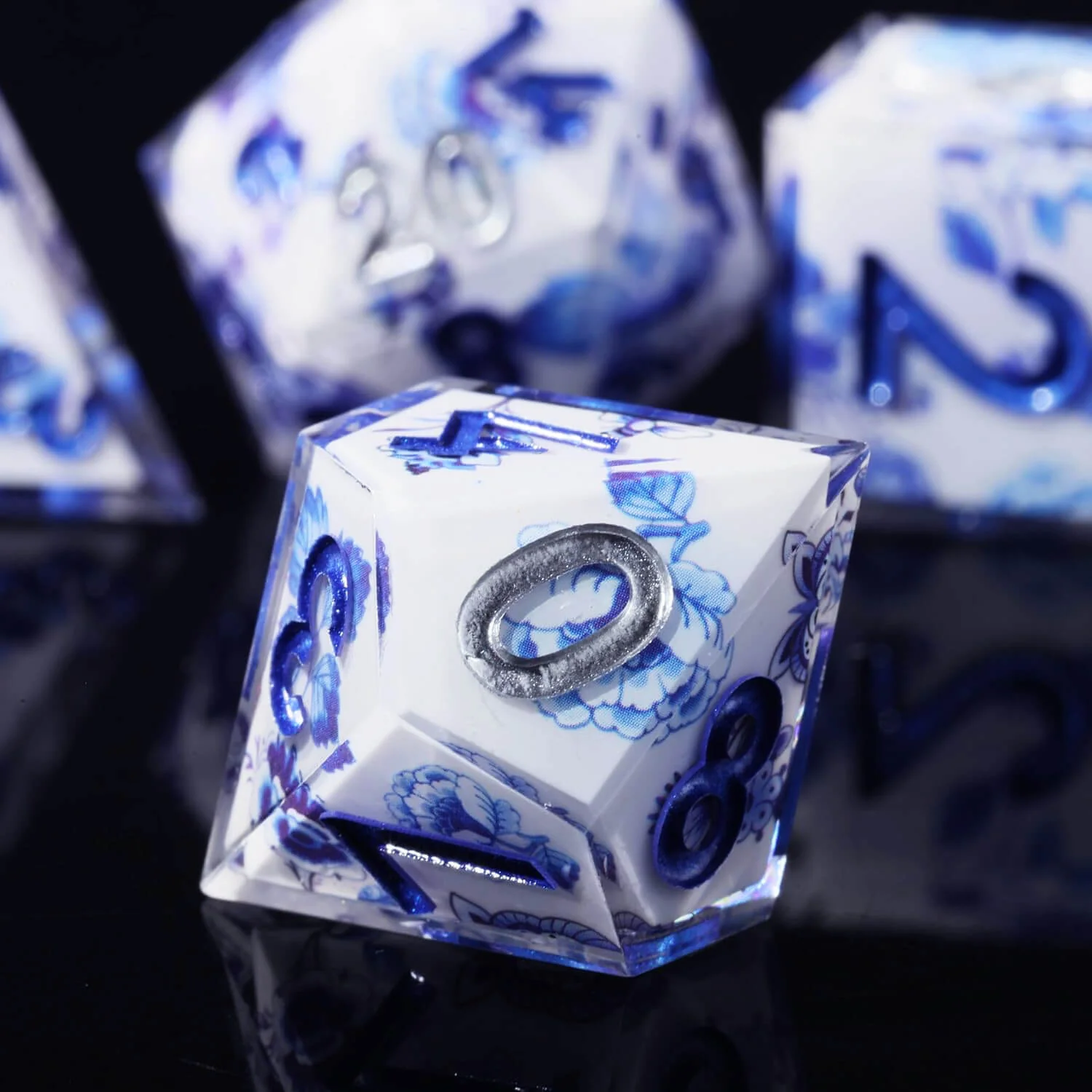 Blue and White Porcelain Sharp Edge Resin Polyhedral 7-Piece D&D Dice Set - Image 3