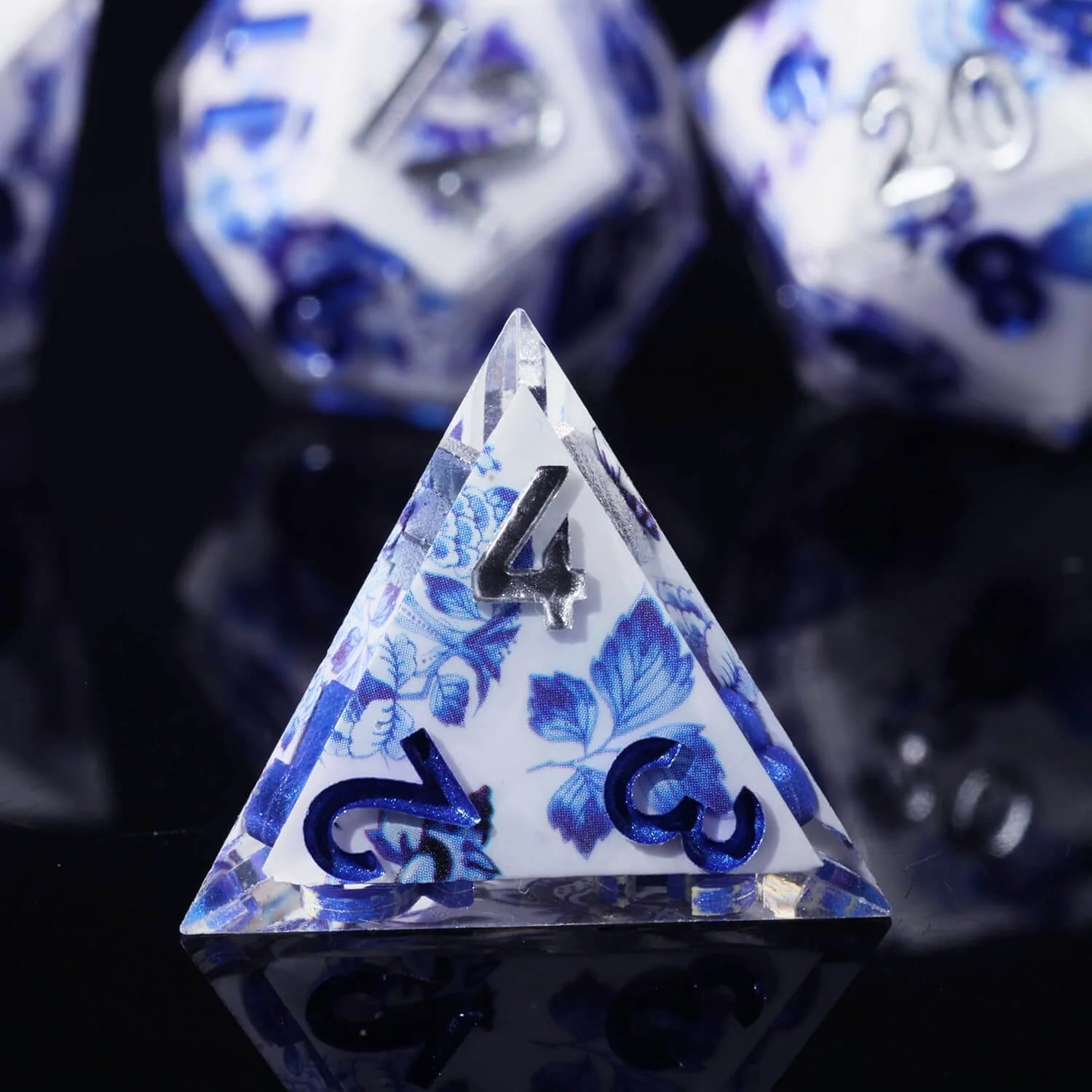 Blue and White Porcelain Sharp Edge Resin Polyhedral 7-Piece D&D Dice Set - Image 4