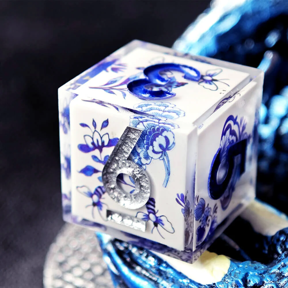 Blue and White Porcelain Sharp Edge Resin Polyhedral 7-Piece D&D Dice Set - Image 5