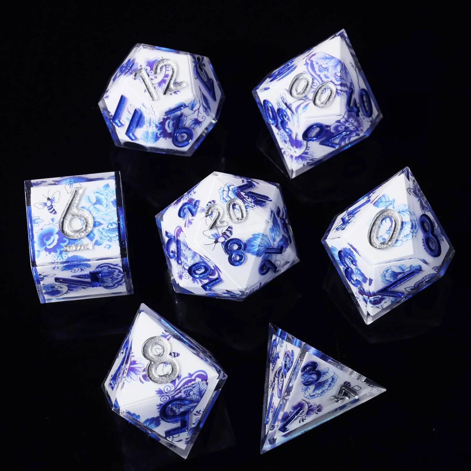 Blue and White Porcelain Sharp Edge Resin Polyhedral 7-Piece D&D Dice Set - Image 6
