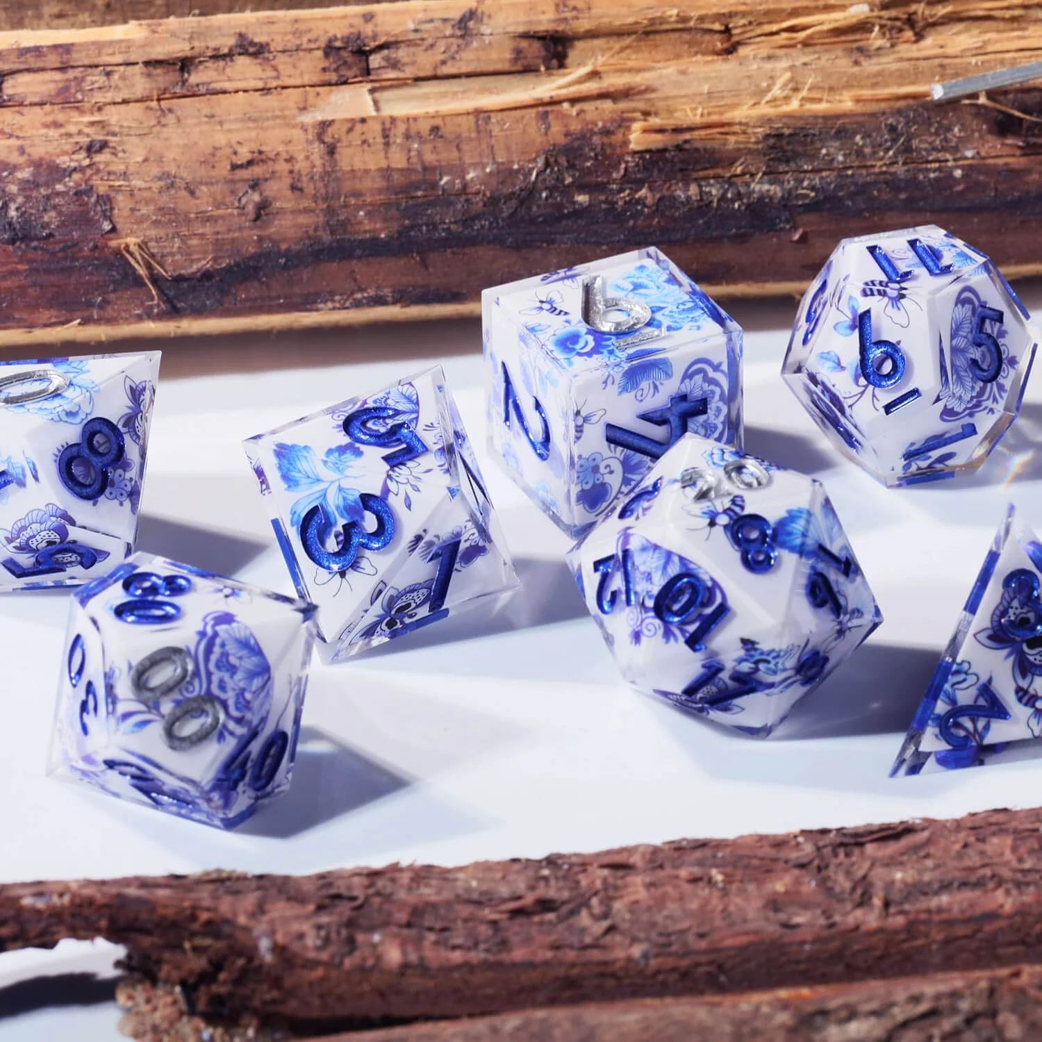 Blue and White Porcelain Sharp Edge Resin Polyhedral 7-Piece D&D Dice Set - Image 7