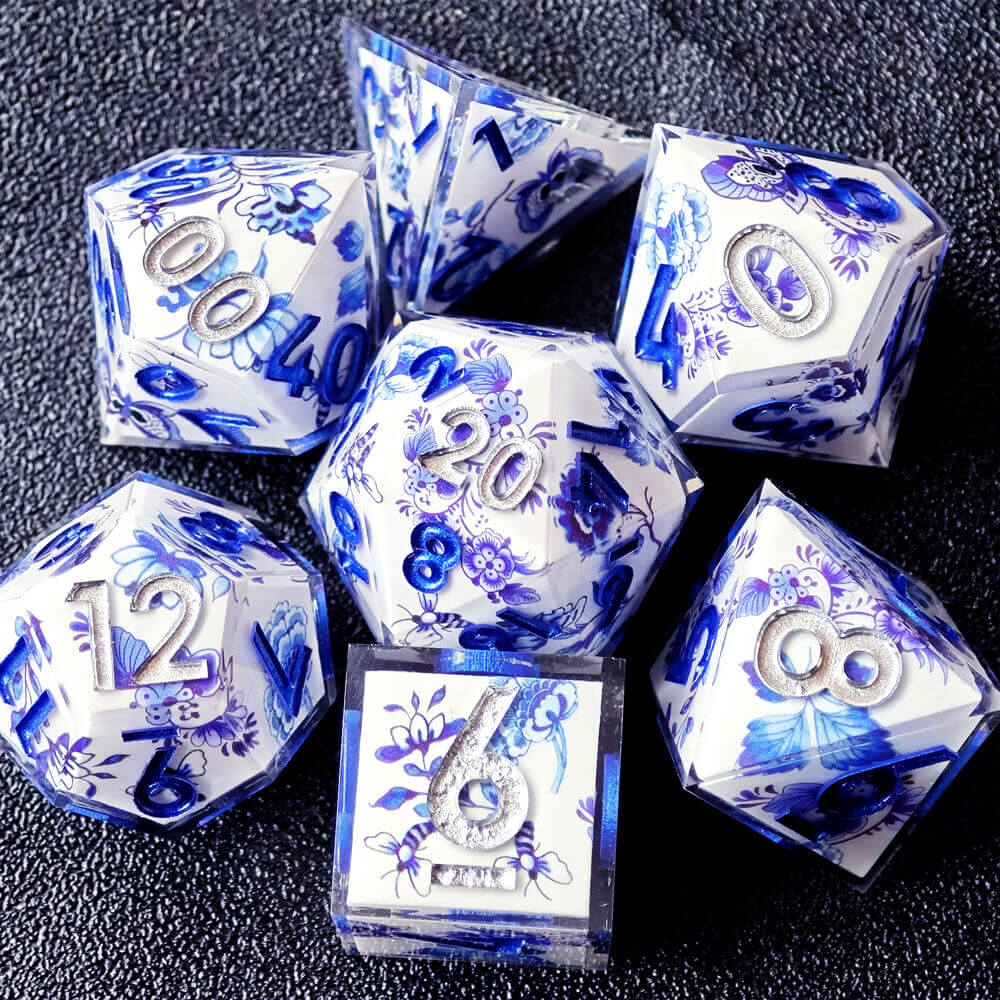 Blue and White Porcelain Sharp Edge Resin Polyhedral 7-Piece D&D Dice Set - Image 8