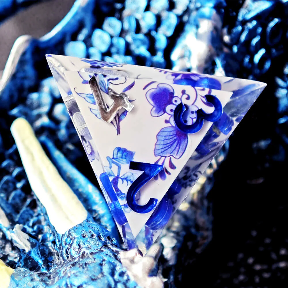 Blue and White Porcelain Sharp Edge Resin Polyhedral 7-Piece D&D Dice Set - Image 9