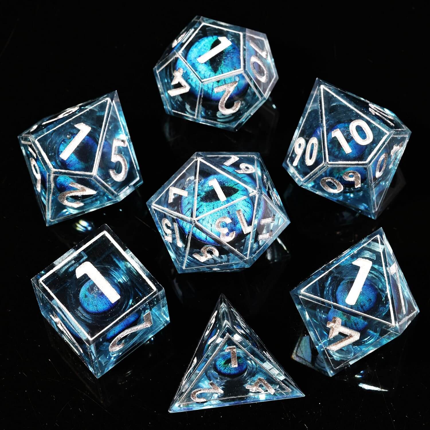 D&D 7-Piece Sharp Edge Blue Dragon Eye Polyhedral Resin Dice Set - Image 6