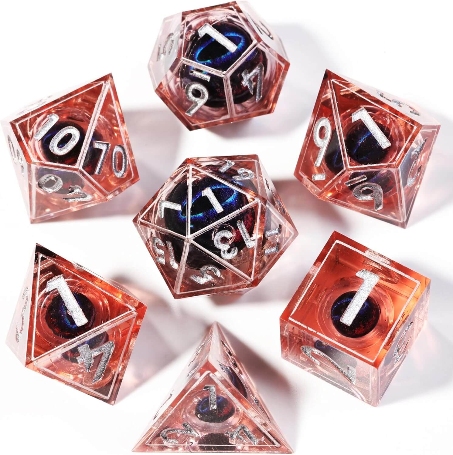 D&D 7-Piece Sharp Edge Fire Blue Dragon Eye Polyhedral Resin Dice Set