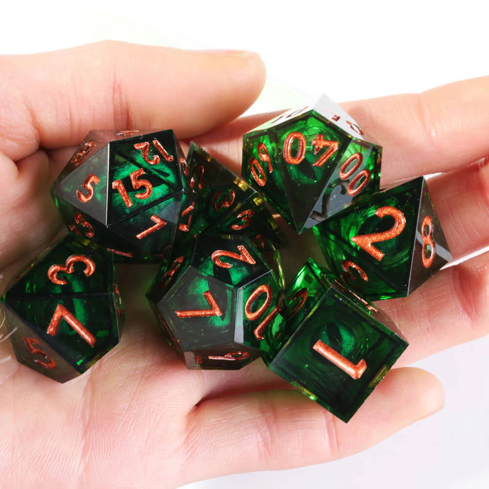 D&D 7-Piece Sharp Edge Green Liquid Core Dragon Eye Polyhedral Resin Dice Set - Image 3