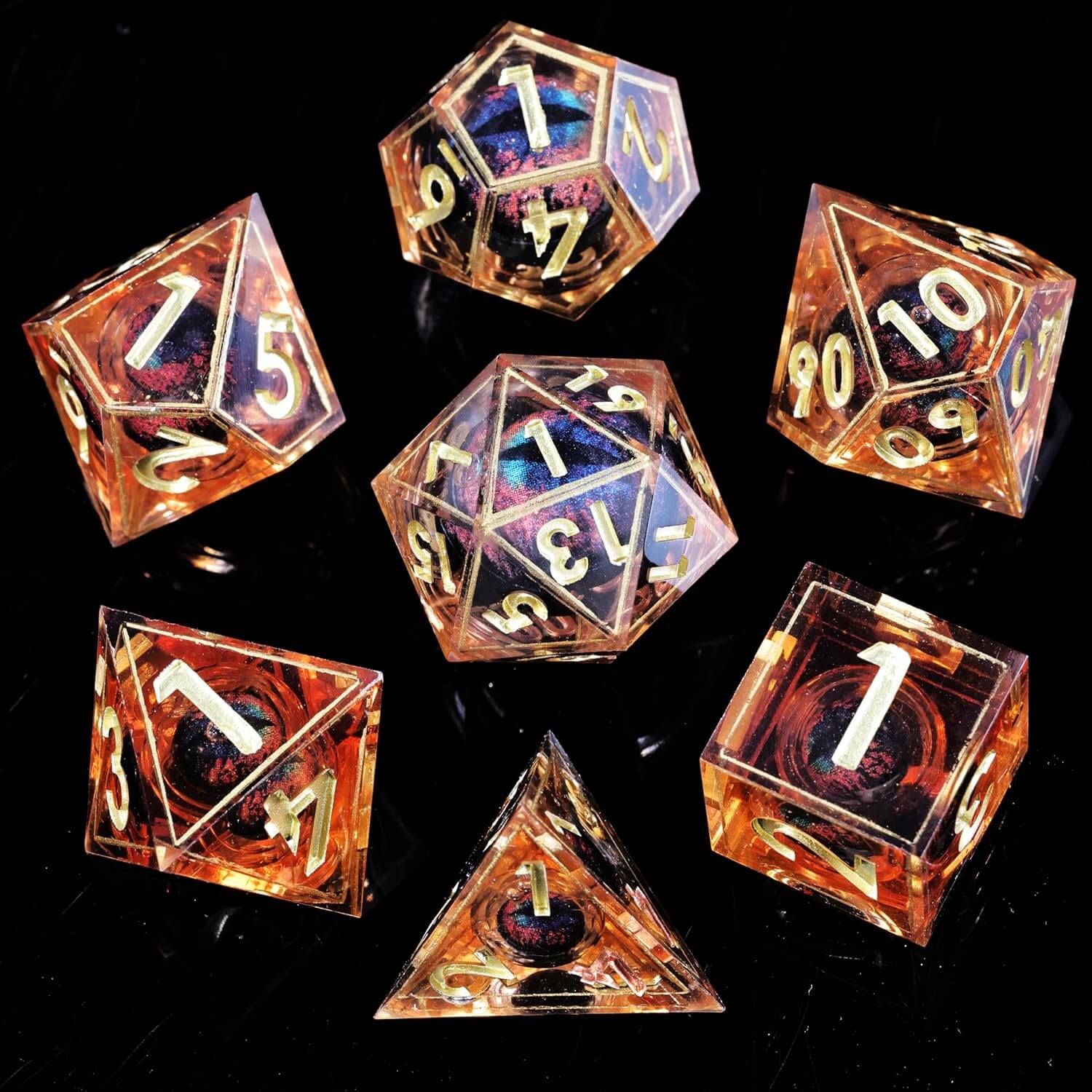 D&D 7-Piece Sharp Edge Liquid Dragon Eye Polyhedral Resin Dice Set - Image 7
