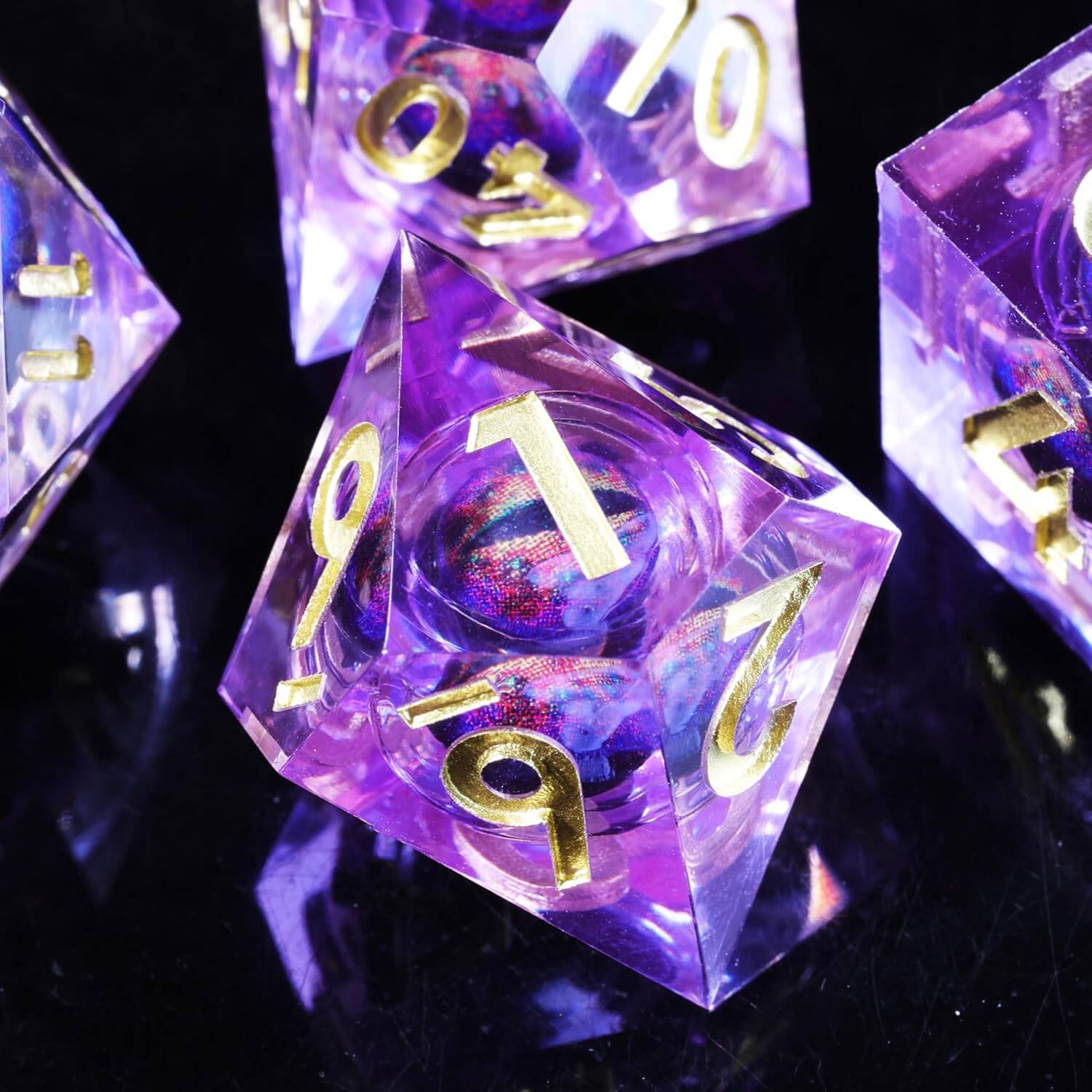 D&D 7-Piece Purple Liquid Core Dragon Eye Polyhedral Resin Dice Set - Image 4