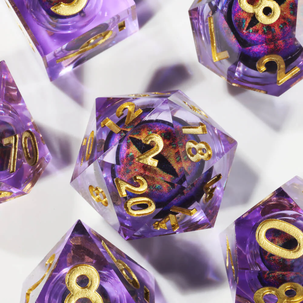 D&D 7-Piece Purple Liquid Core Dragon Eye Polyhedral Resin Dice Set - Image 7