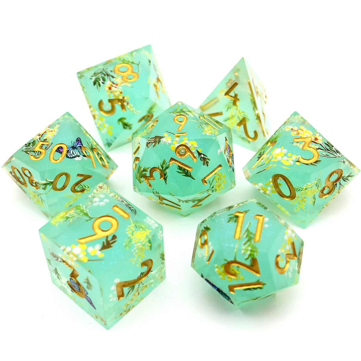 Green Flower 7-Piece Sharp Edge Layered DND Dice Set