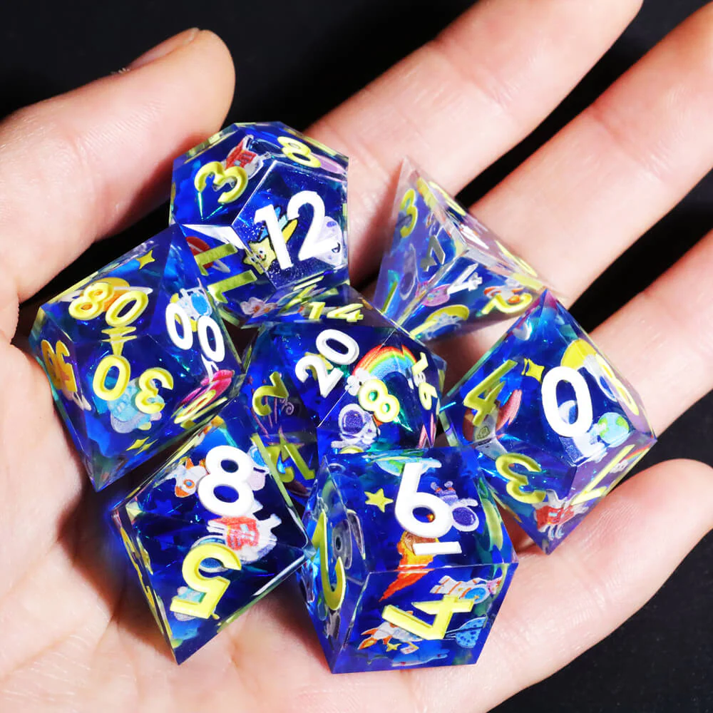 Flying Into Space Glow-in-the-Dark Sharp Edge Resin Polyhedral 7-Piece D&D Dice Set - Image 3