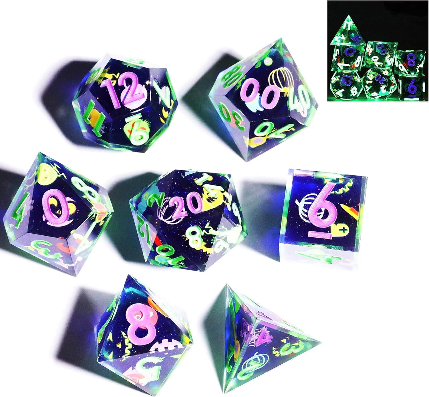 Gaming Resin 7 Sharp Edge Polyhedral D and D Set Dice - Little Monster