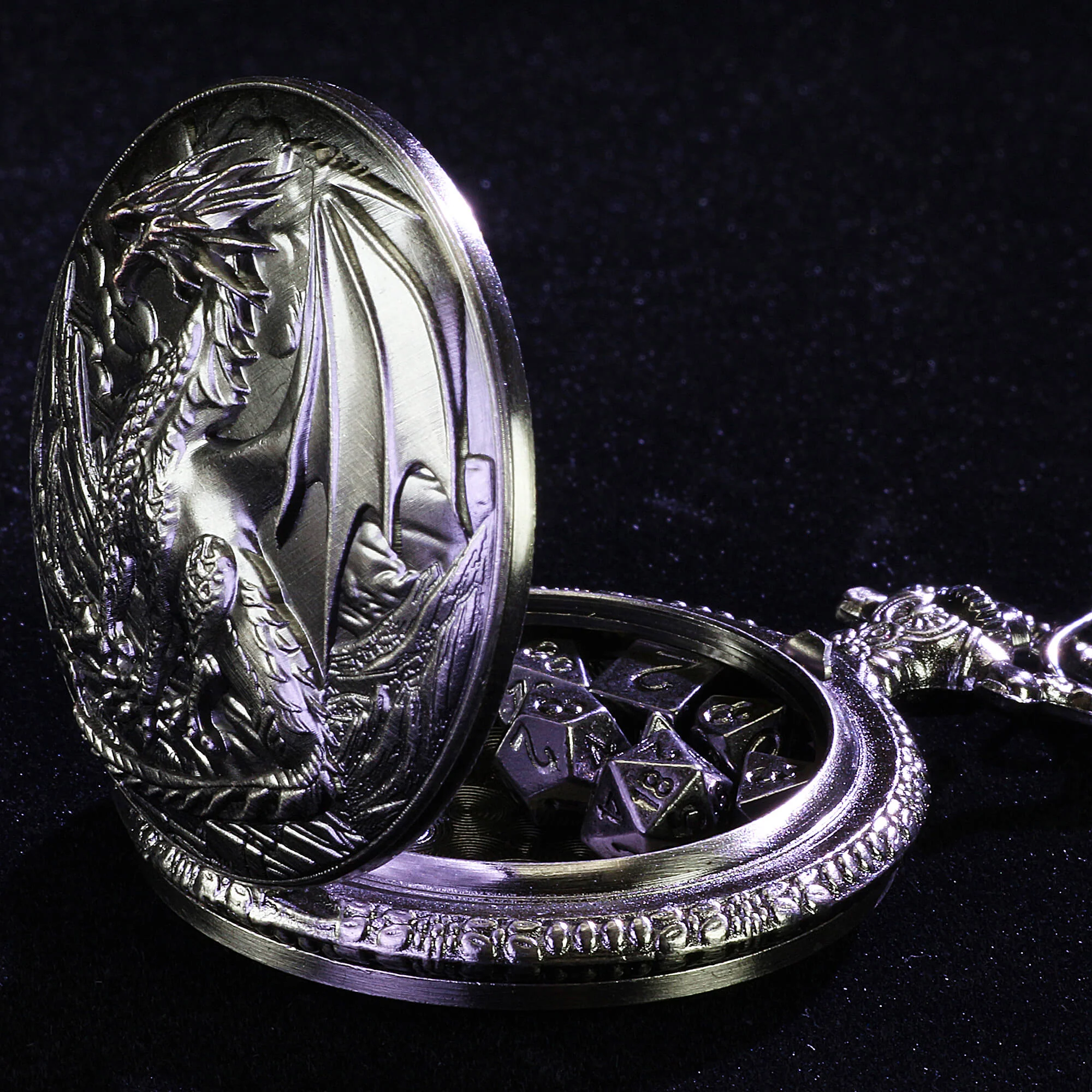 Metallic Dragon Mini Polyhedral Metal DnD Dice Set with Pocket Watch Shell Case - Image 7