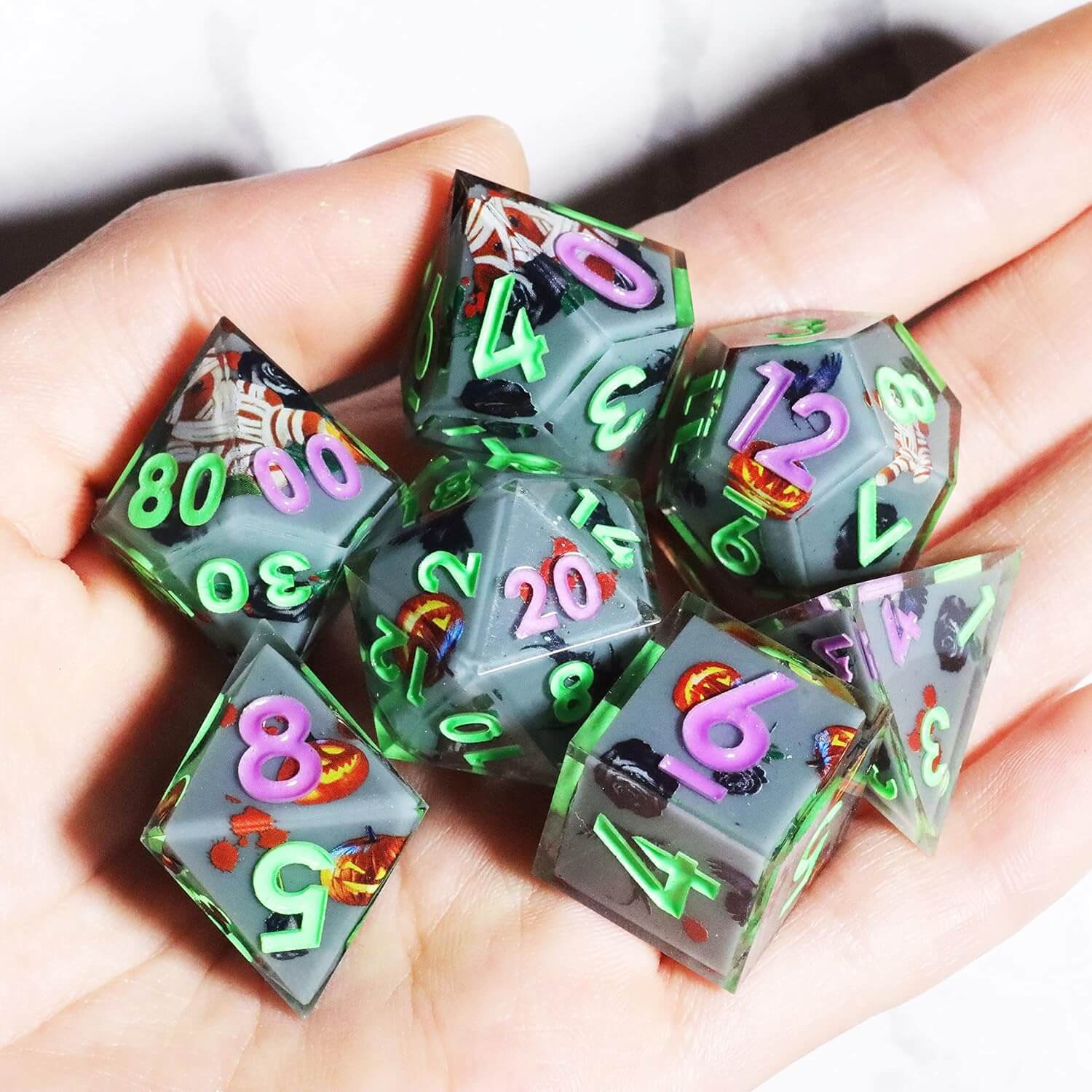 Pumpkin Glow Sharp Edge Resin Polyhedral 7-Piece D&D Dice Set - Image 3