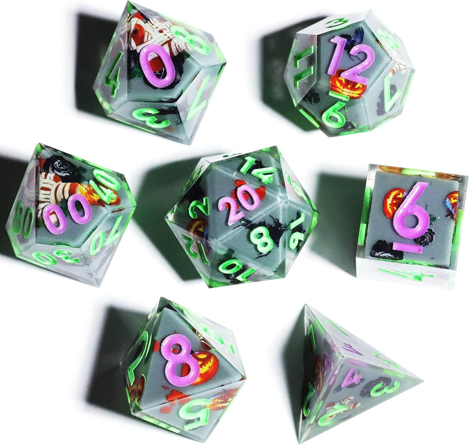 Pumpkin Glow Sharp Edge Resin Polyhedral 7-Piece D&D Dice Set - Image 4