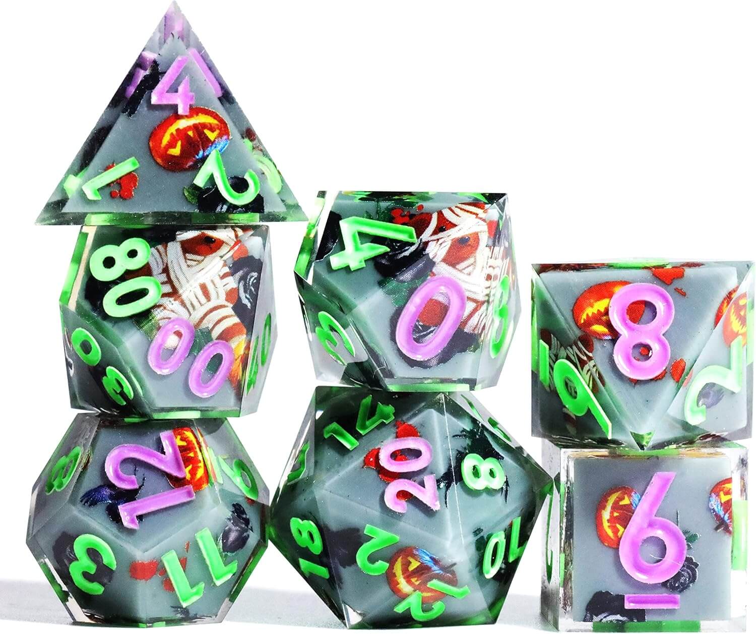 Pumpkin Glow Sharp Edge Resin Polyhedral 7-Piece D&D Dice Set - Image 6